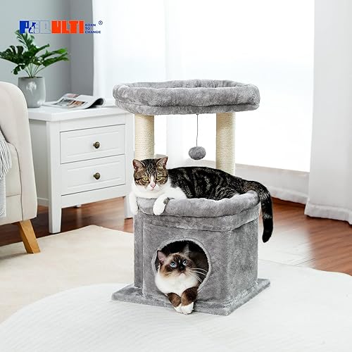 Miniatura 7 de PEQULTI Torre de árbol para gatos de interior con condominio privado acogedor para gatos, postes rascadores de sisal natural y pompón de felpa