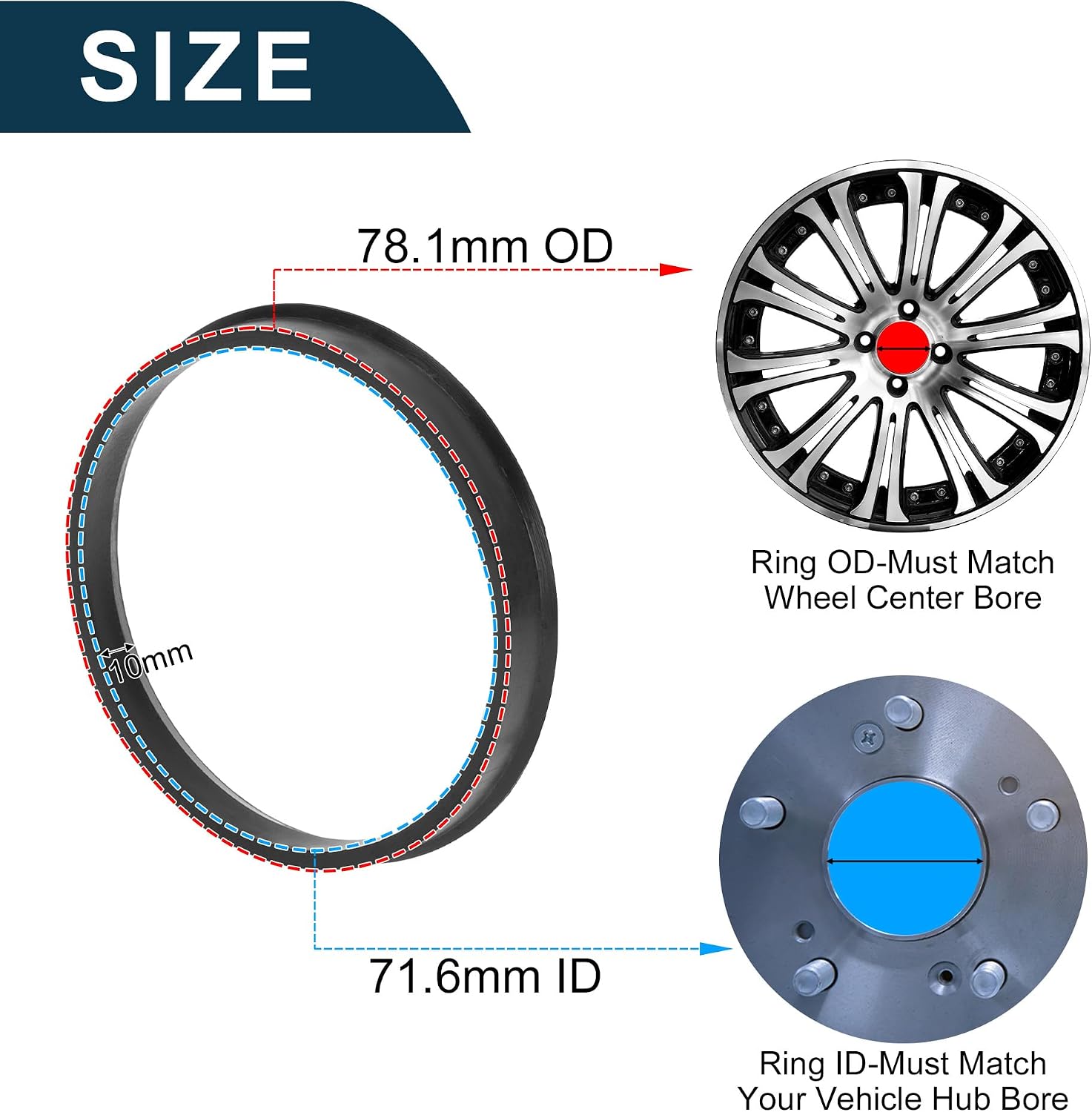 Car Wheel Hub Centric Rings Durable Wheels Center Shaft Shock Absorbing Hubrings Black 4 Pcs OD 78.1mm to ID 71.6mm Polycarbonate Durable Material