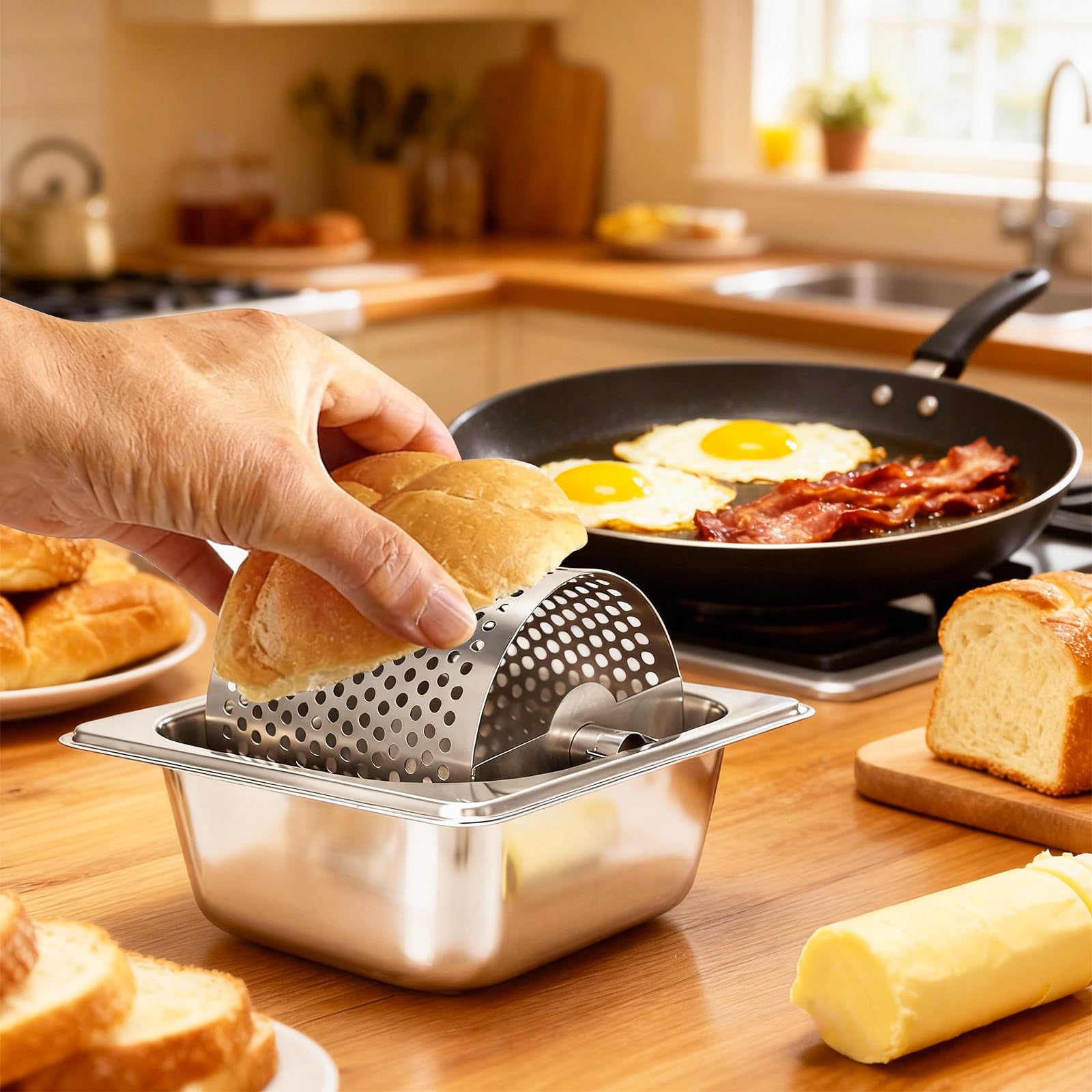 Rouleau à beurre pour petits pains avec presse à hamburger de 14 cm et spatule à griller – Capacité de 0,9 kg – Kit de grille pour tartiner uniformément le beurre fondu sur le pain, les hamburgers et