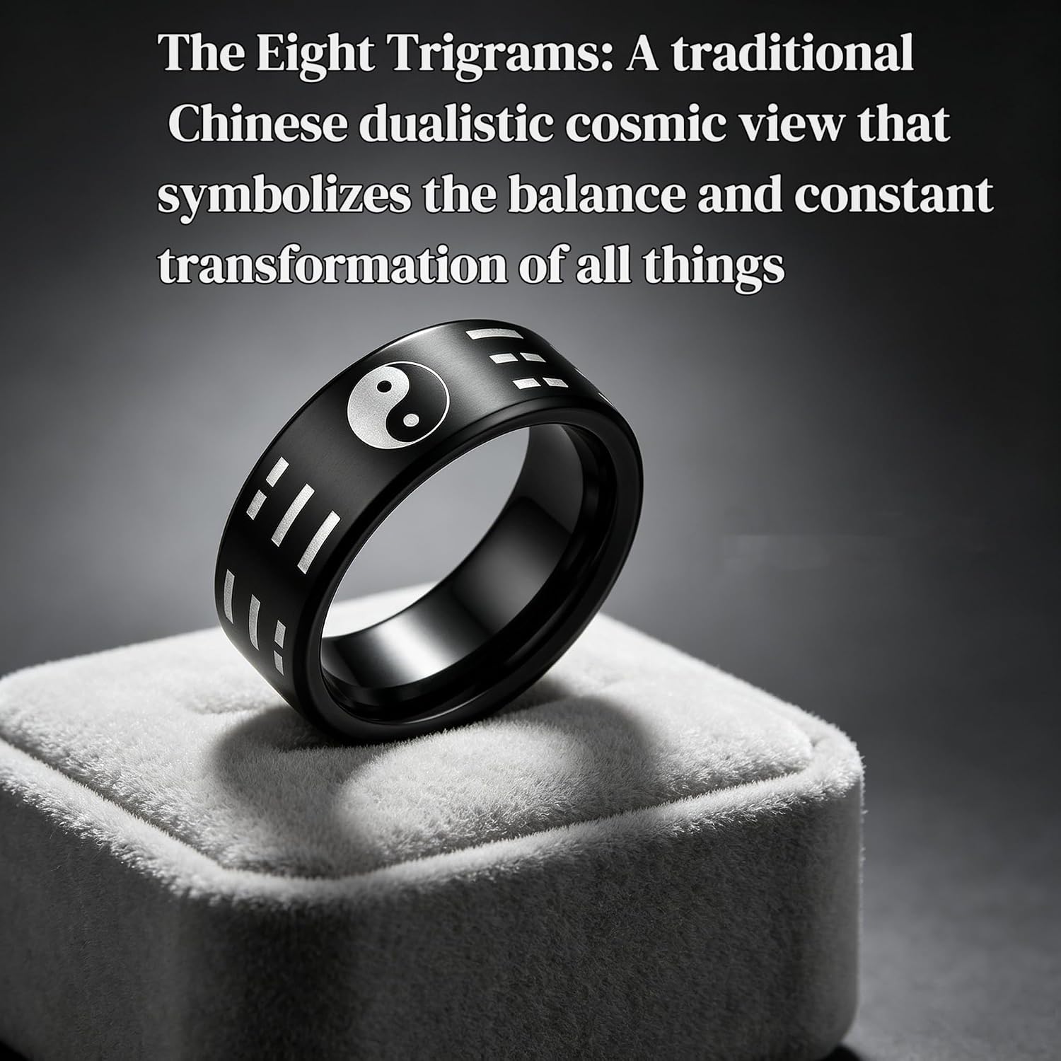 9mm Matte Black Magnetic Fidget Ring Etched Bagua Click Spinner | 316L stainless steel; unisex for men women; anxiety stress relief; boost focus; office wear; comfort fit; great gift
