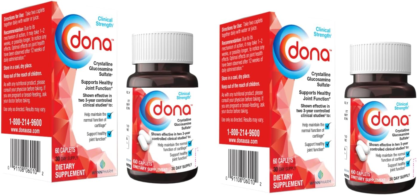 Dona Crystalline Glucosamine Sulfate, 1500 Mg, Joint Supplement Pills for Knee Comfort & Joint Health Support, 1500 Mg, 60 Count (2 Pack).