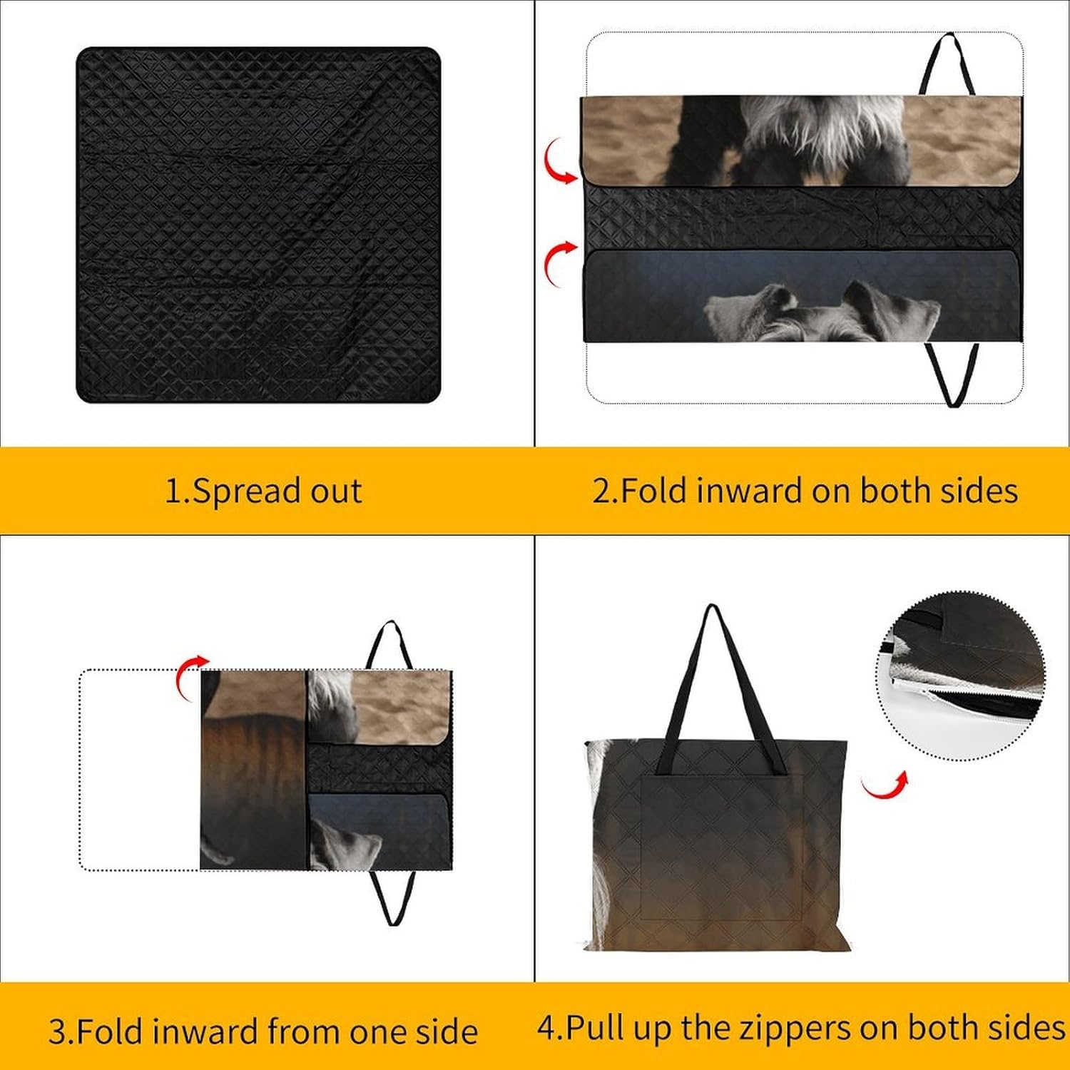 Animal Schnauzer Dog Picnic Blanket 150x150cm, Foldable 2-in-1 Picnic Mat and Tote Bag Portable Waterproof Beach Mat Sandproof Outdoor Blanket for Park, Hiking, Beach, Camping, Travel