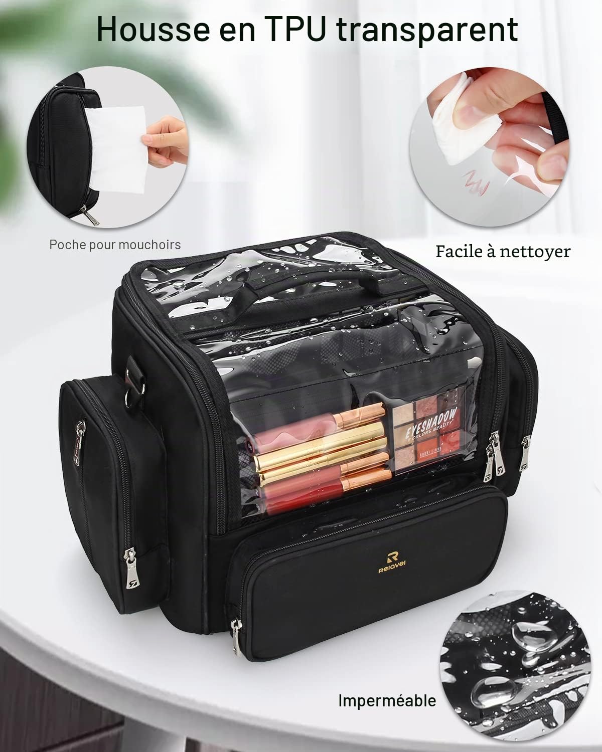 Trousse pour pinceaux de maquillage Relavel noire,Grande capacité,Organisateurs de maquillage et rangement avec séparateurs réglables, XXL, Trousse professionnelle pour pinceaux de maquillage