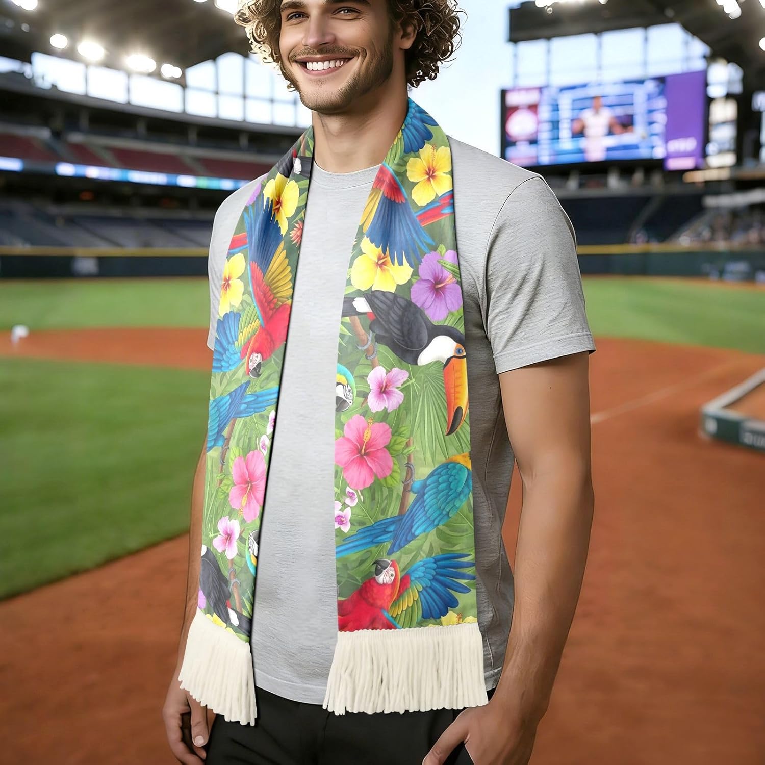 CHIFIGNO Tropical Parrot Green Sports Fan Scarf Polyester, Soft Soccer Scarf with Tassel, Quick Dry, Supporter Cheers Towel, Custom Print