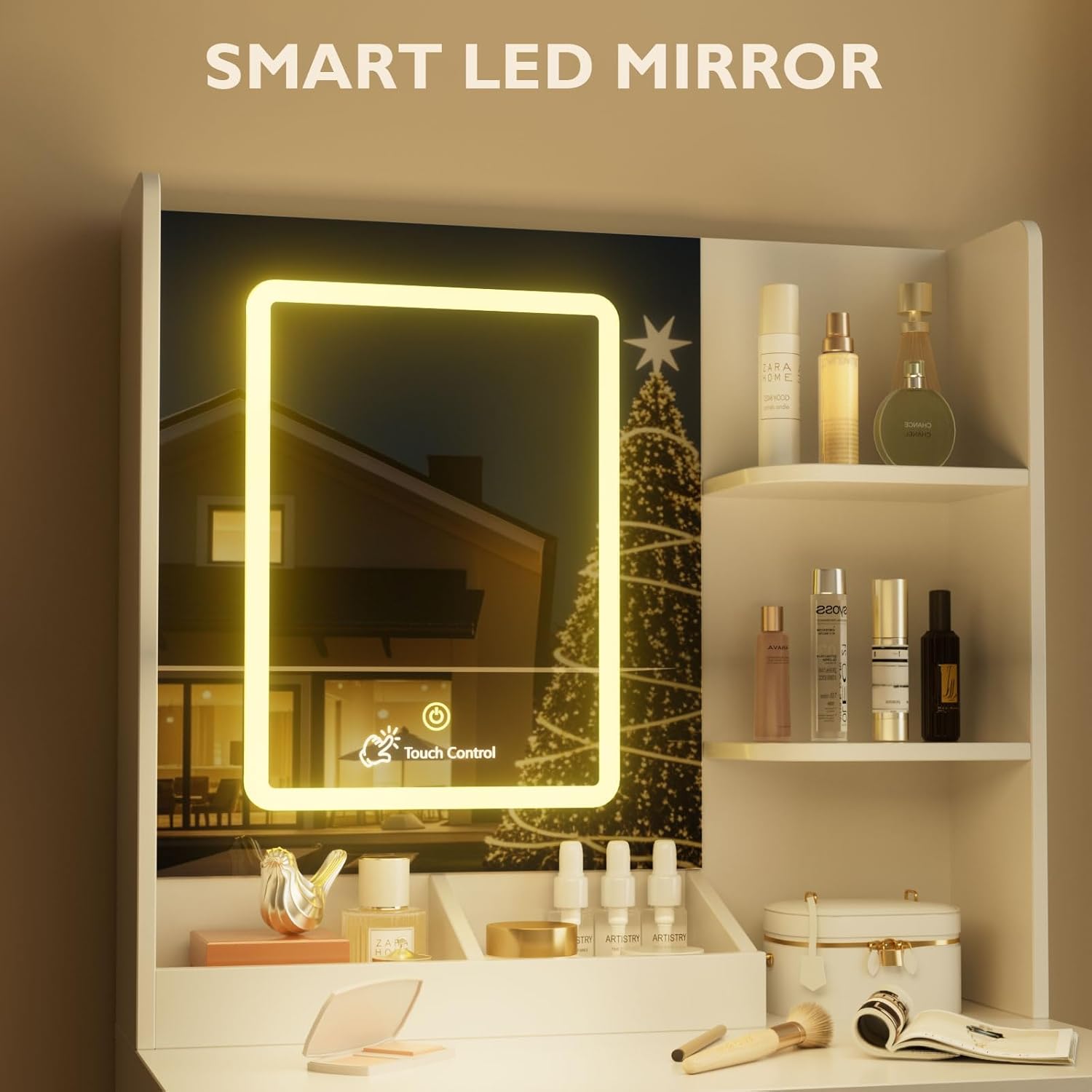 Vanity Desk with Mirror and LED Lights, Small Makeup Vanity Desk with 2 Drawers, 3 Storage Shelves, 24 Inches Make UP Dressing Table with Power Outlet, 3 Adjustable Lights for Girls Bedroom, White