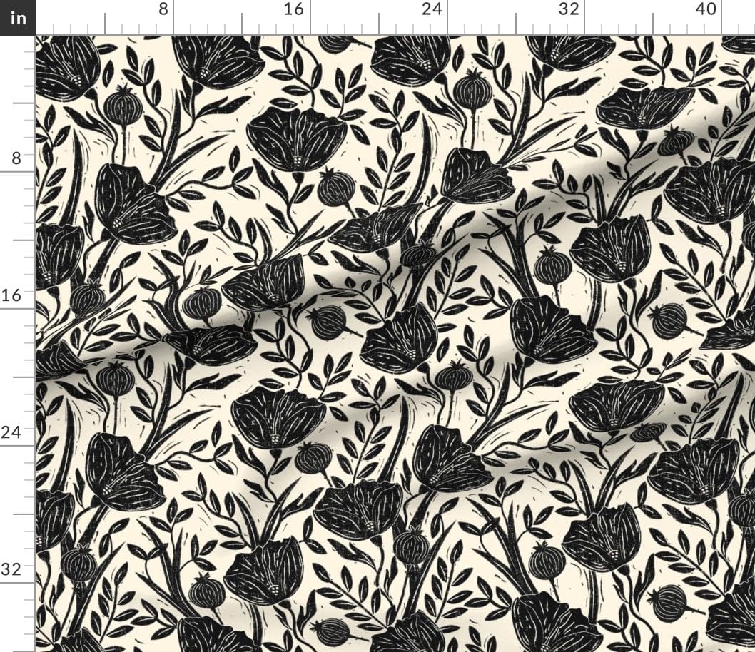 Spoonflower Fabric - Black Floral Retro Poppy Botanical Linocut Cottagecore Stamped Texture Printed on Petal Cotton Fabric Fat Quarter - Sewing Quilting Apparel Crafts Decor