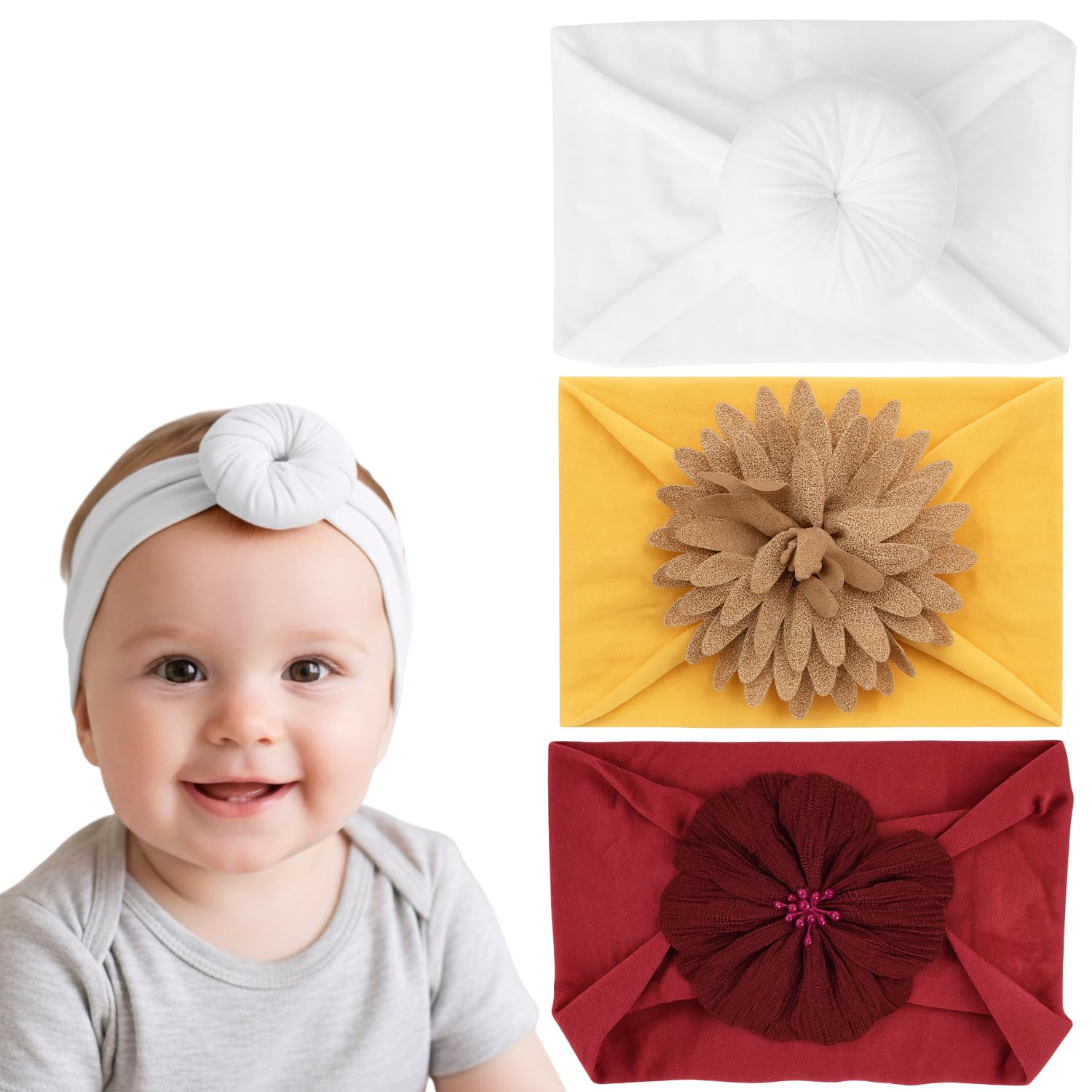 ANNA CREATIONS 3 Pcs Baby Headbands Flower & Bow Knot Hair Bands Soft Stretchy Headwraps for Newborn Infant Toddler Girls, Comfortable and Cute Hair Accessories for Babies-image-30