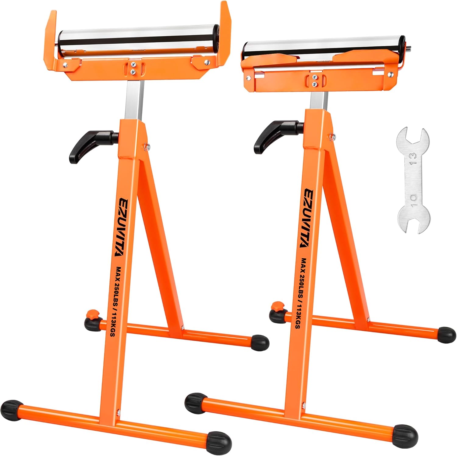 2-Pack Folding Roller Stands, 250 LBS Load Capacity Per Stand, 28–43.5" Adjustable Height, Stable Support for Table Saw Outfeed & Woodworking