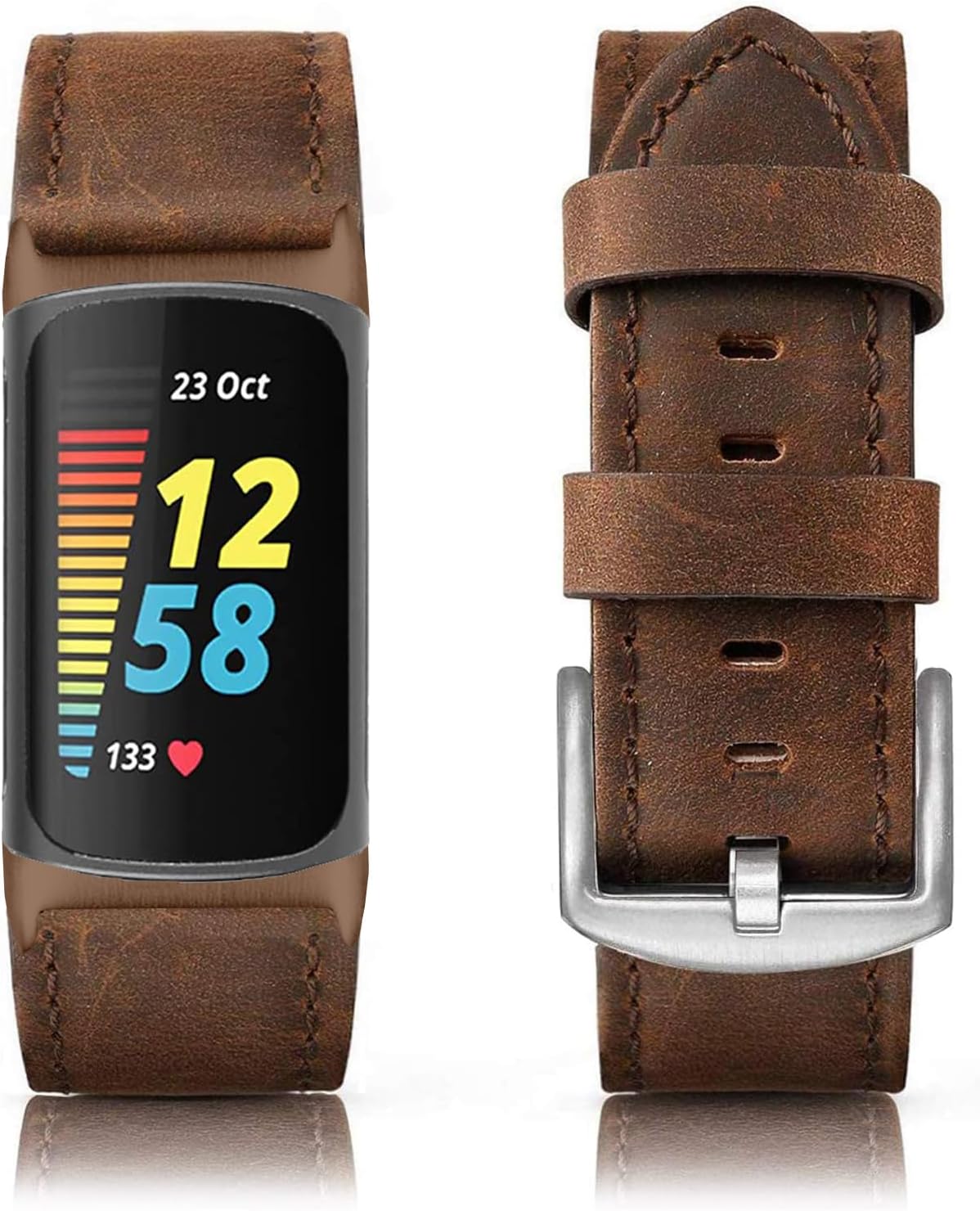 Genuine Leather Bands Compatible for Fitbit Charge 6/ Charge 5 Bands, Classic Replacement Wristbands Straps for Women Men image 3