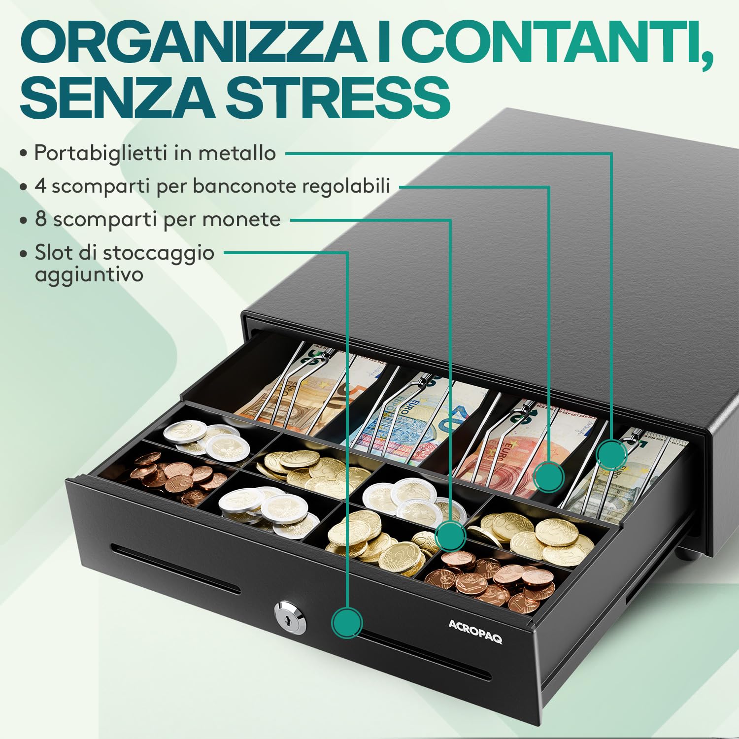 ACROPAQ Cassetto cassa - Compatibile con registratore cassa RJ11, 4 scomparti monete e 8 banconote, (34 x 33 x 10 cm) Corpo in metallo robusto - Cassetto cassa registratore
