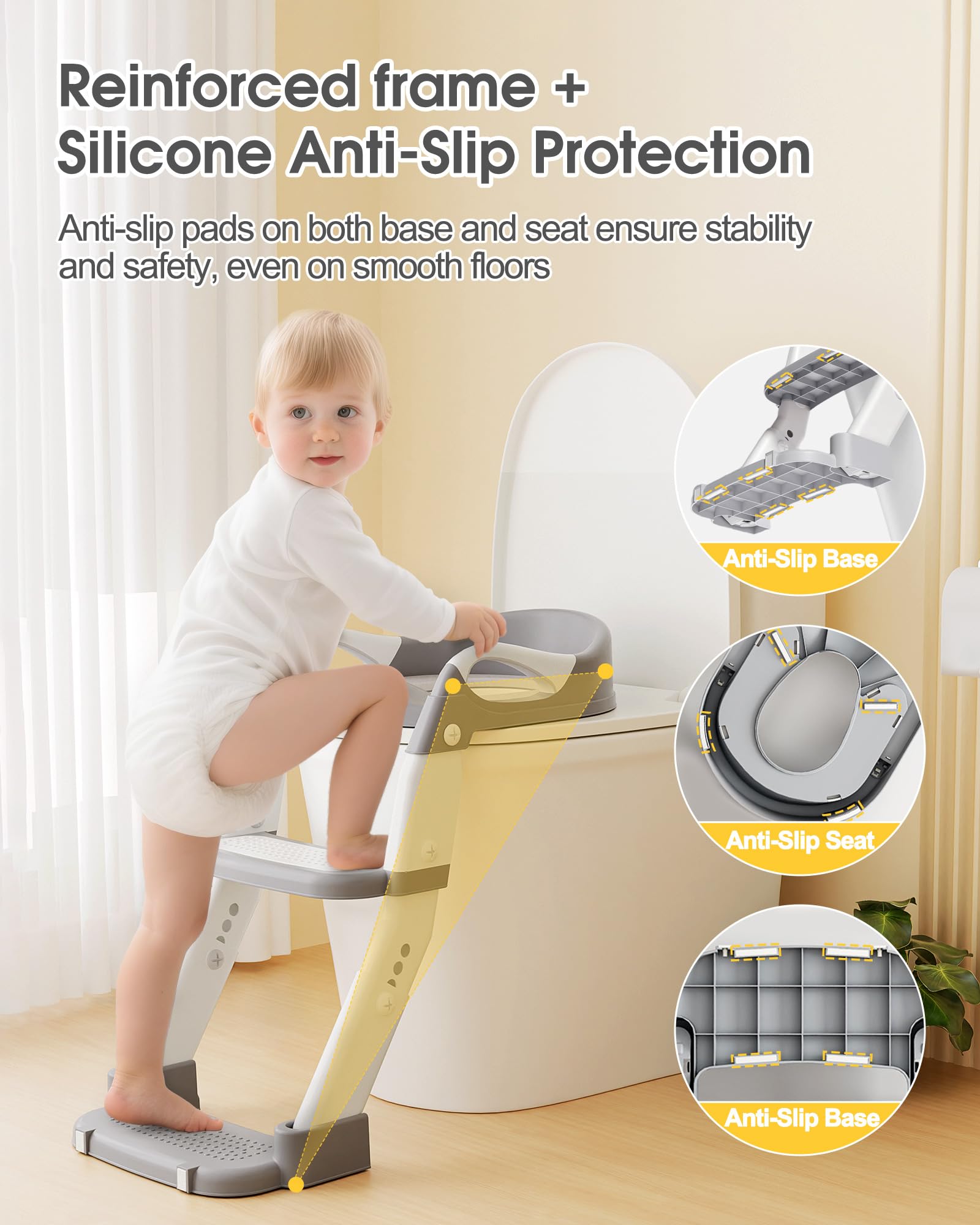 Yucch Toiletbril voor kinderen met trap, upgrade, 2-in-1 kindertoiletbril, in hoogte verstelbaar, antislip, toiletbril met afneembare pot en zacht PU-kussen, 1-6 jaar, grijs Yucch Toiletbril voor kinderen met trap, upgrade, 2-in-1 kindertoiletbril, in hoogte verstelbaar, antislip, toiletbril met afneembare pot en zacht PU-kussen, 1-6 jaar, grijs