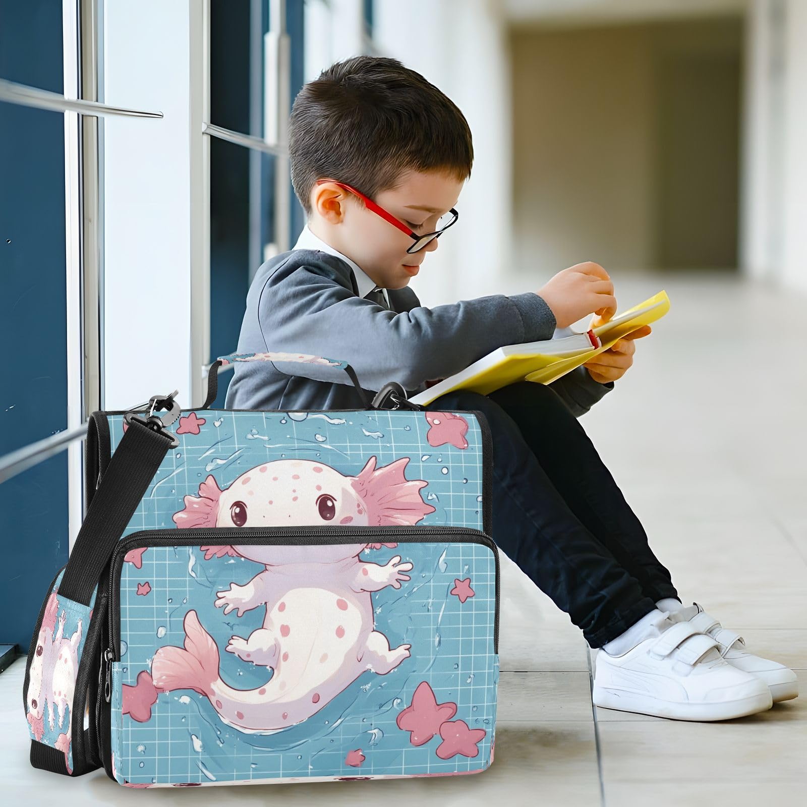 Cute Axolotl Zipper Binder With Shoulder Strap - 3 Ring Binder Holds 500 Sheets, Multiple Pockets