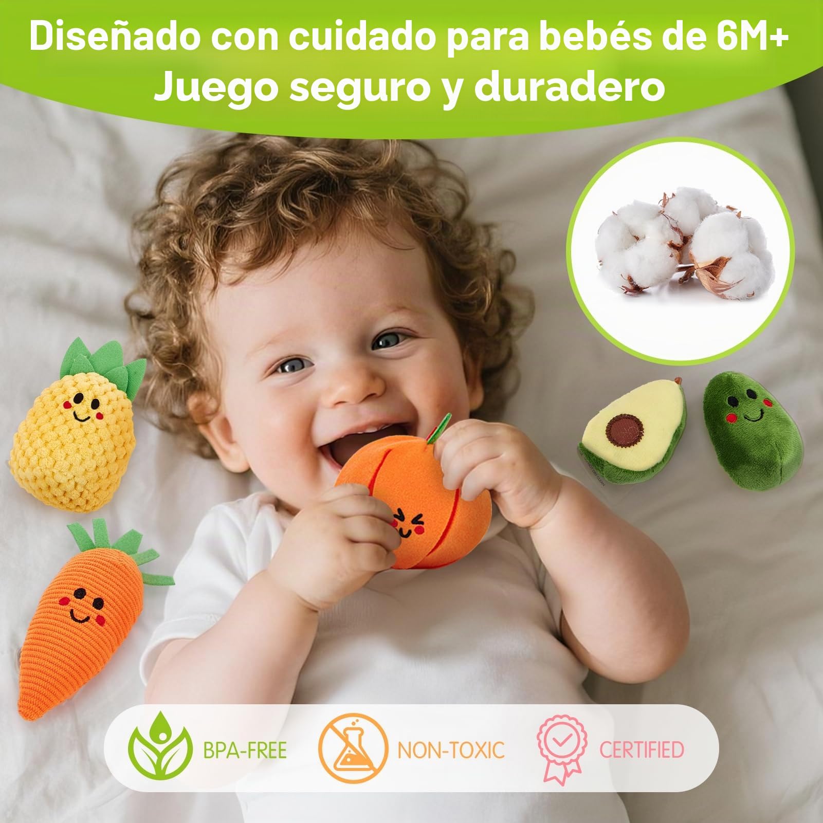 hahaland Peluches de Frutas y Verduras, Juguetes Bebes 6-12 Meses con Sonajas y Cesta y Bolsa-Oruga, Juguetes Montessori Educativos para Bebé 9 12 18 Meses, Regalo Juguetes Niños 1 Año