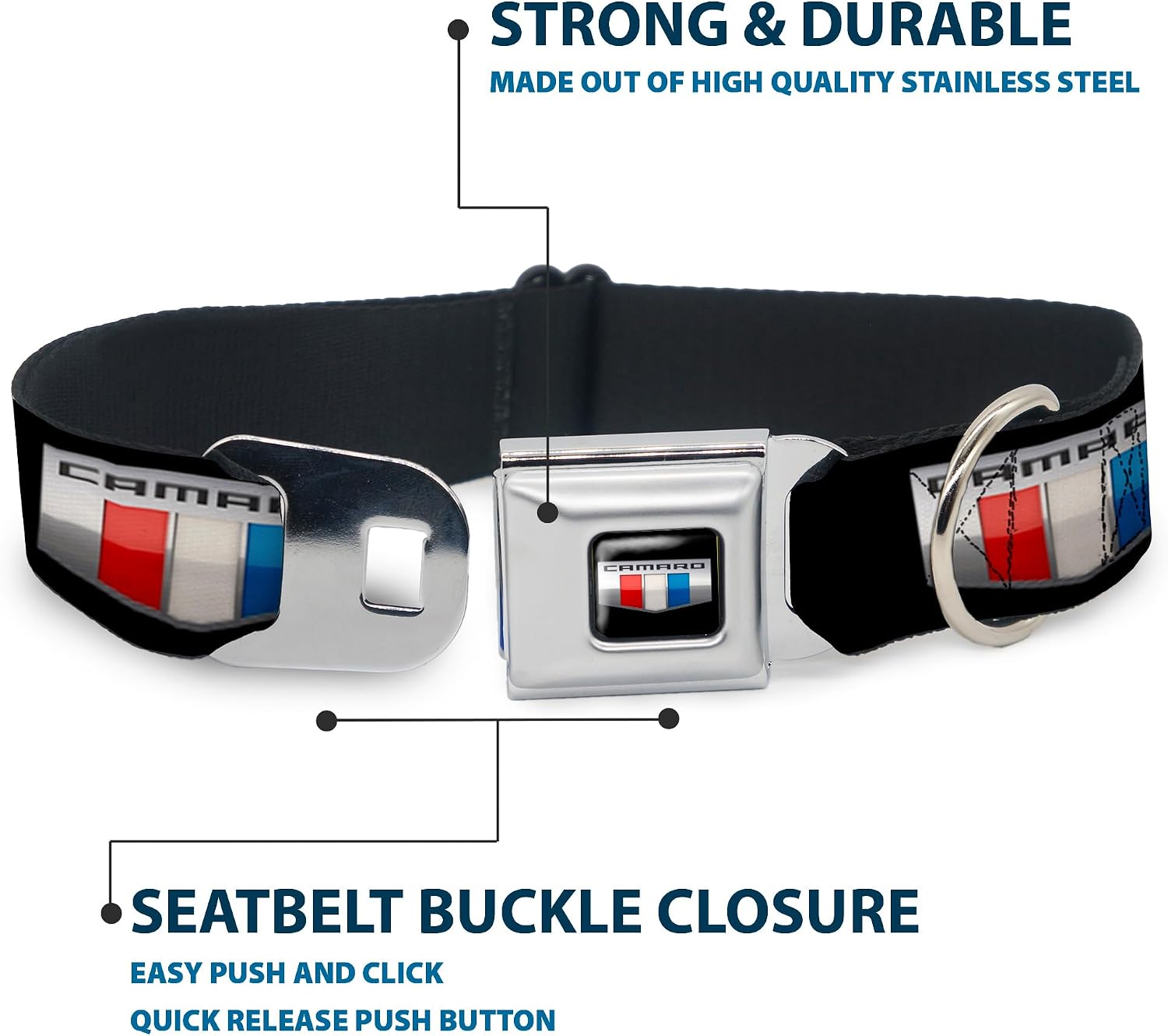 Buckle-Down Seatbelt Buckle Dog Collar - CAMARO Six Badge Black/Silver/Red/White/Blue - 1.5" Wide - Fits 18-32" Neck - Large