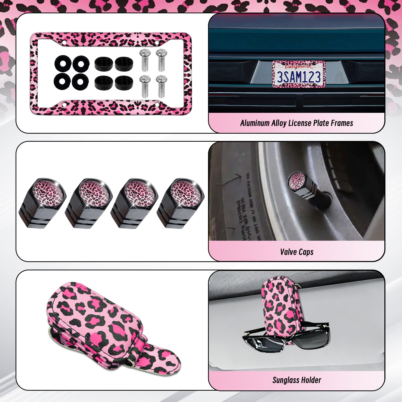 Set completo di 23 coprisedili per auto da donna, universali, con stampa, coprivolante, console centrale, accessori per occhiali da sole, SUV (stampa leopardata rosa)