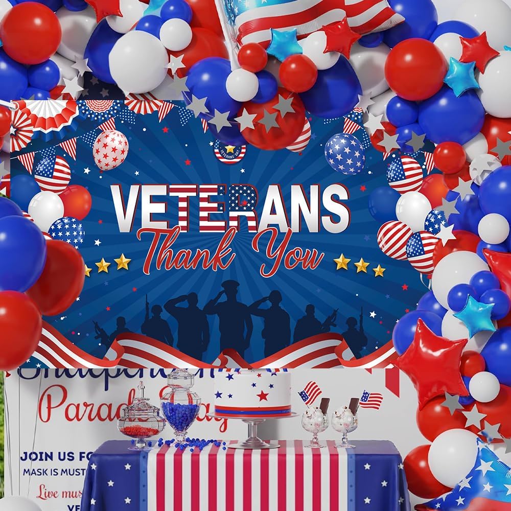 MEHOFOND Veterans Day Decorations Backdrop Banner Thank You Veterans Banner Patriotic Themed Party Decorations Background for America National Holiday Party Decoration Supplies 5.9x3.6ft - Image 2