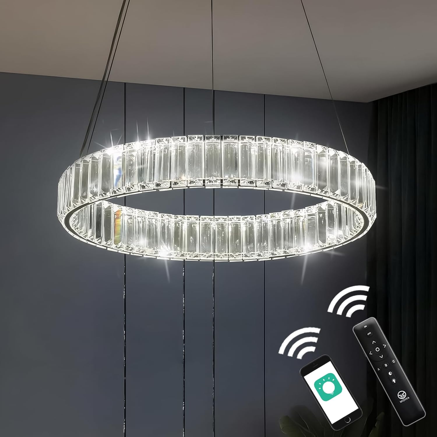 Crystal Chandelier LED 20in 29W 3500-6000K Dimmable with Remote Control, Modern K9 Crystal Ring Chandelier Adjustable Hanging Pendant Light for Dining Room Living Room Kitchen Island Bedroom