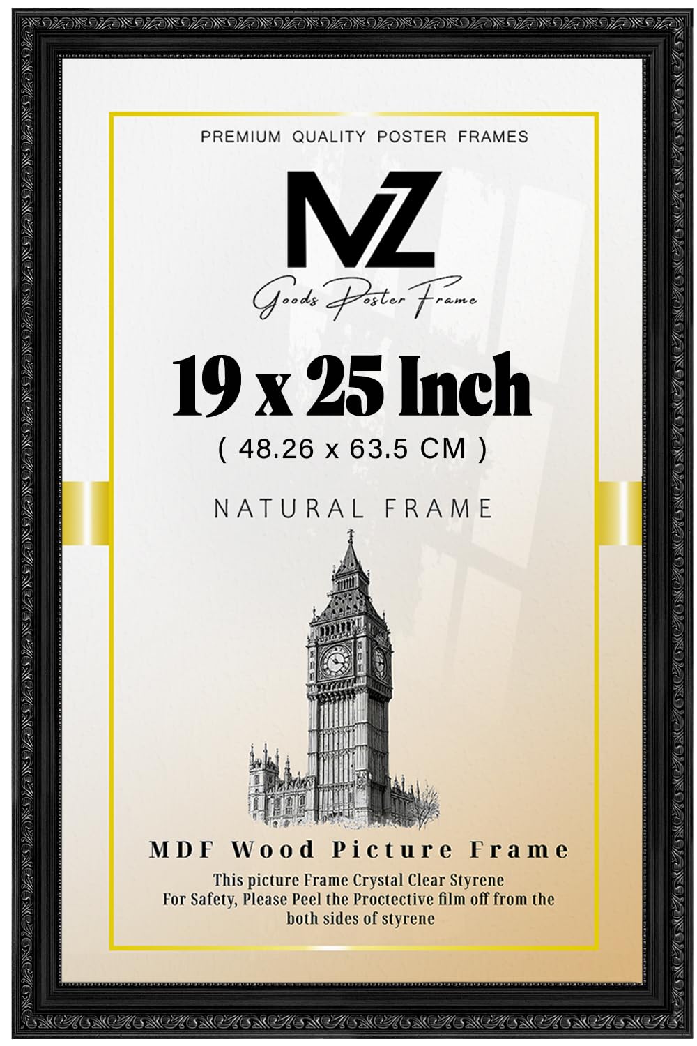 Mz Goods Black - Exceptional Build Quality 19 X 25 Inch Picture Frame | Rectangle Certificate Frames With Perspex For Living Room/Studio Gallery (48.26 X 63.5 Cm) [ ]