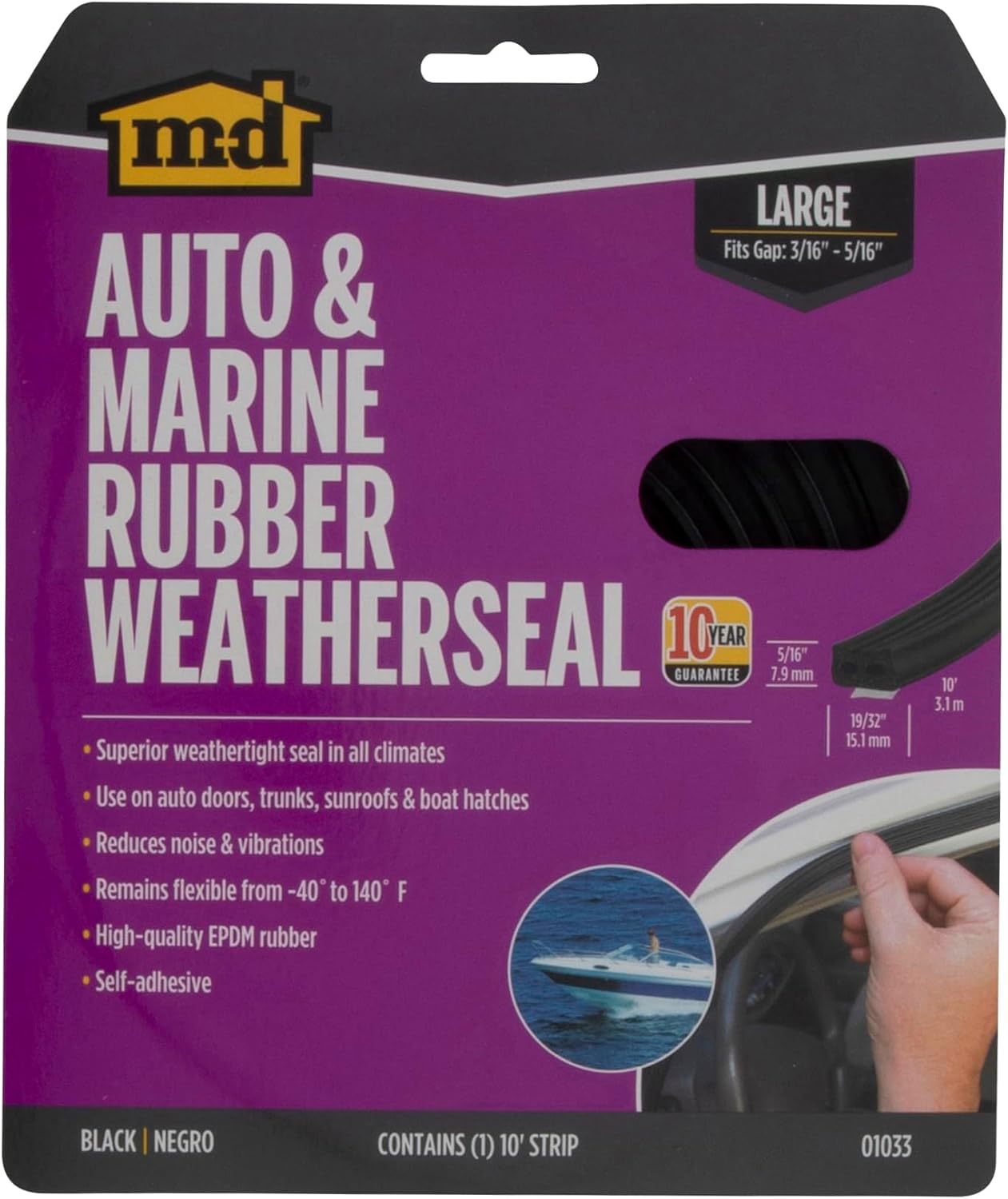 M-D Building Products 01033 10 ft. Black Large Rubber Auto & Marine Weatherseal for All Climates