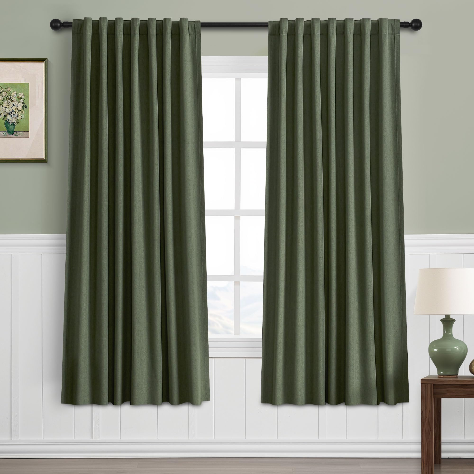Rideaux occultants anti bruit et froid en lin vert olive 152 cm