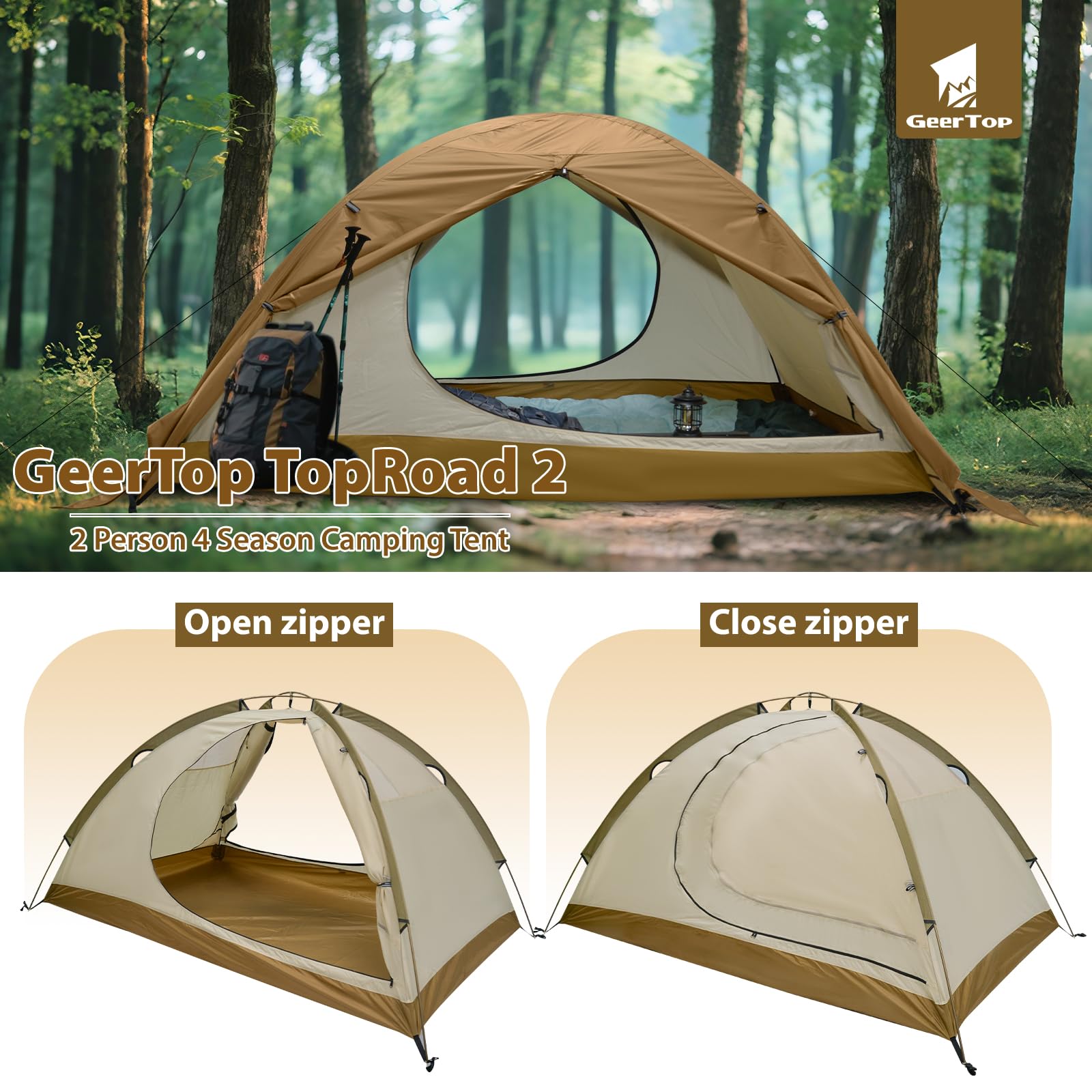 GEERTOP Tienda de campaña para 2 Personas, con Varillas de Aluminio, Resistente al Agua, para Dos Personas, 4 Estaciones, Ideal para Camping, Senderismo, Viajes y Escalada