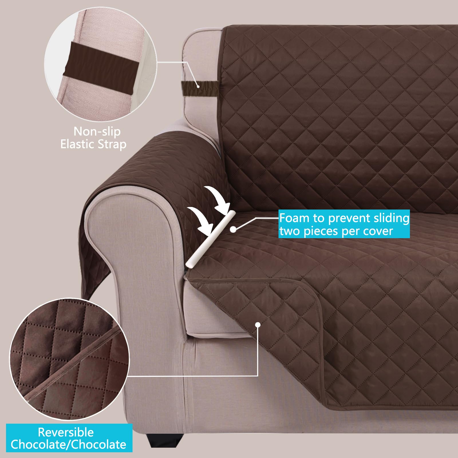 U-NICE HOME Loveseat Pokrowiec na sofę, dwustronny pokrowiec na kanapę dla psów z elastycznymi paskami, wodoodporny ochraniacz na meble dla zwierząt domowych, pokrowiec na 2 poduszki (fotel miłosny,
