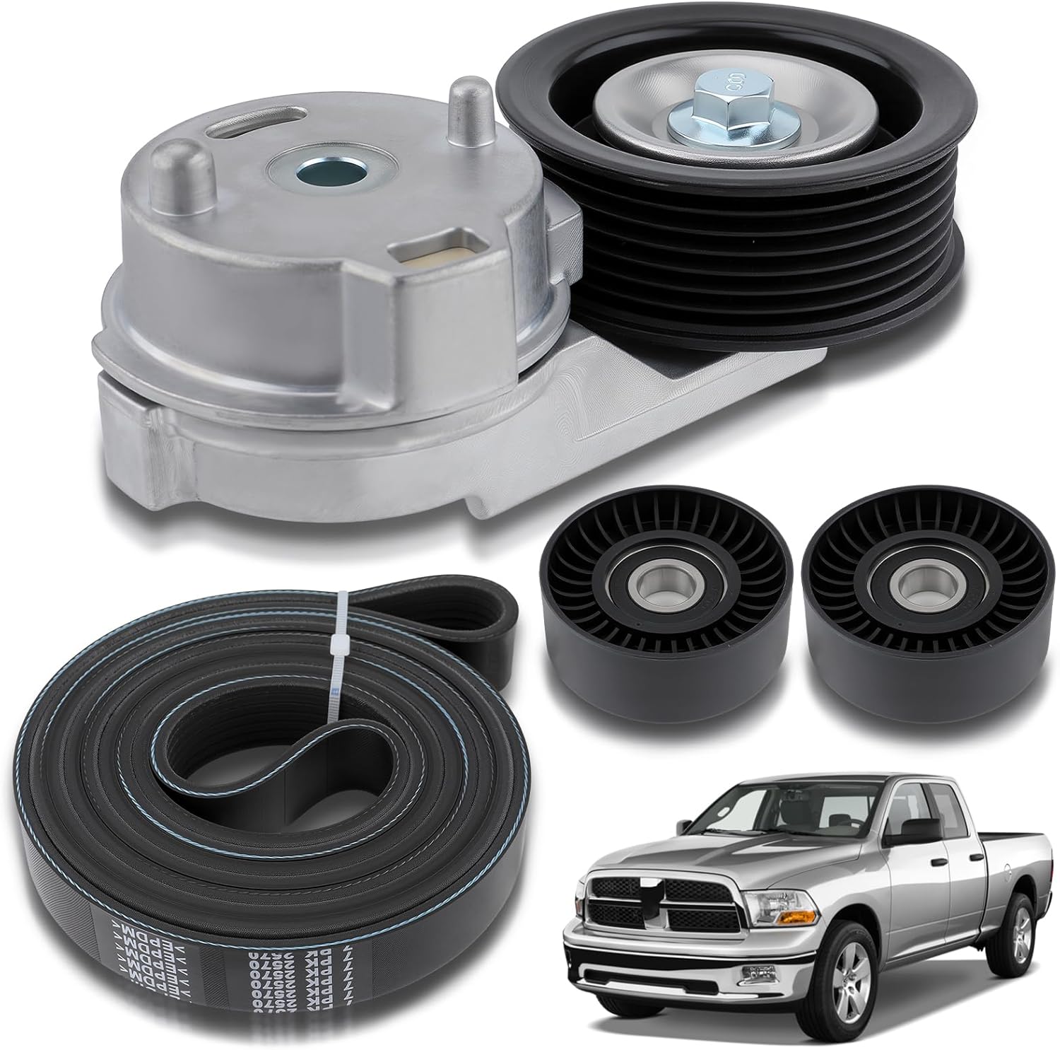AUTOKAY 53032132AK Belt Tensioner and 53032129AA Serpentine Belt Fits for Dodge Ram 1500 2500 3500 5.7L 2003 2004 2005 2006 2007 2008 with 7PK2570 Idler Pulley Re#53032130AA 53032130AC 38058