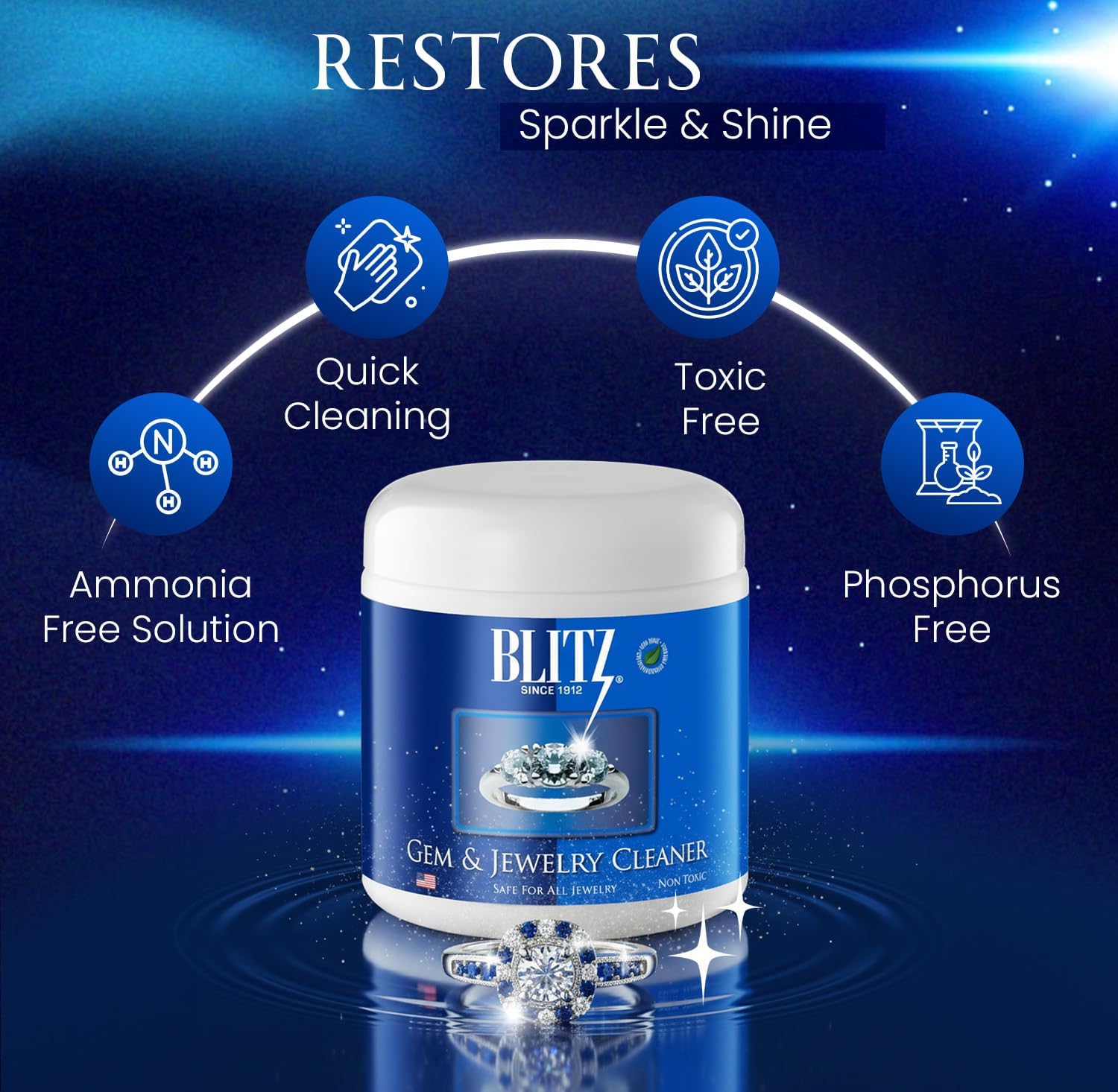 Blitz Gem & Jewelry Cleaner Cleaning Liquid for Gold, Silver, & Platinum Jewelry Cleans Precious & Semi-Precious Gemstones. Nontoxic, Non-Abrasive, & Planet Friendly, 8oz Jar With Concentrate Packet