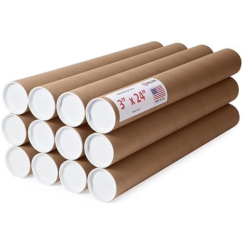 Tubos de correo de papel kraft reforzado de 3 x 24 pulgadas, paquete de 12 tubos con 2 tapas cada uno, tubo de cartón fabricado en Estados Unidos