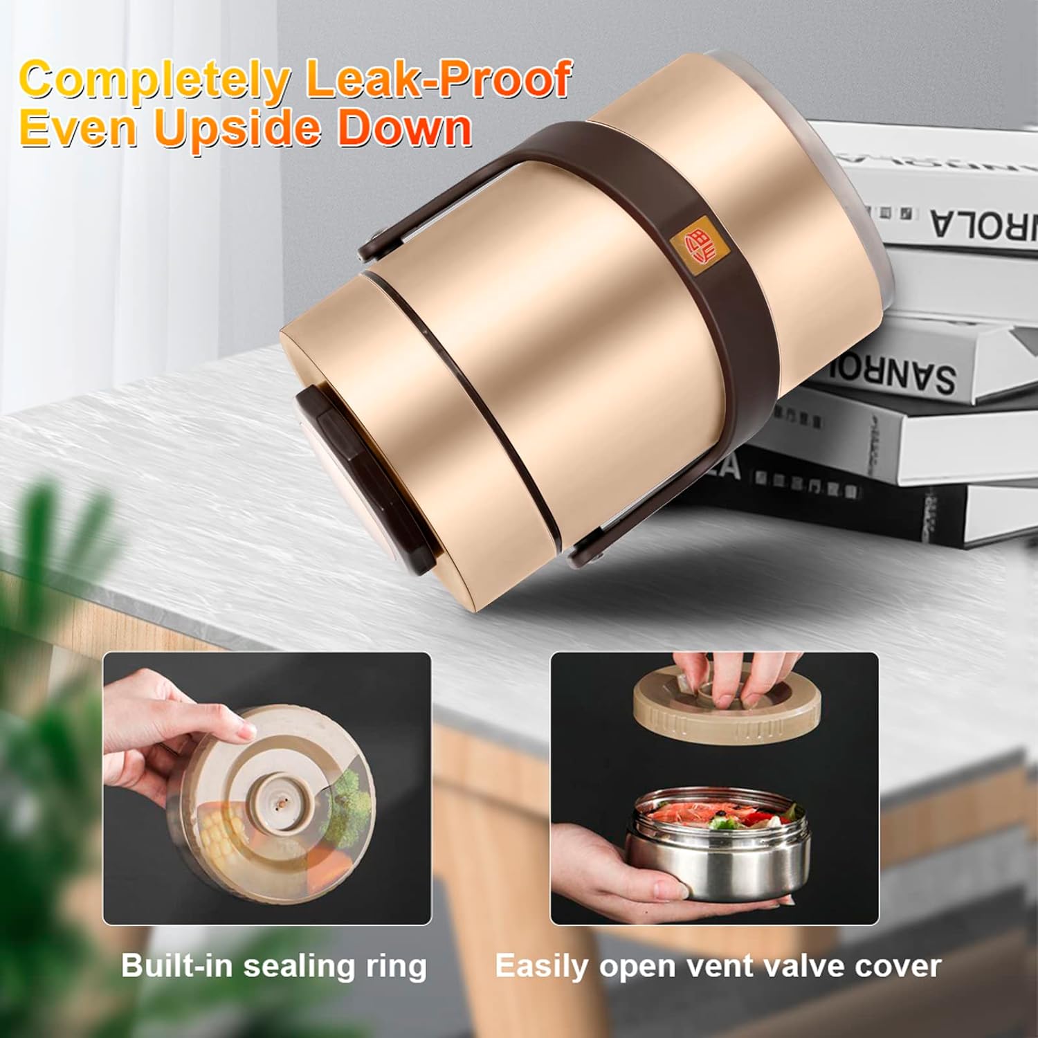 67 oz Adults Stainless Steel Vacuum Insulated Wide Mouth Soup Food Thermo Hot Food Jar with Keep Thermal Portable 3 Tier Stackable Bento Hot Food Containers Lunch Boxes (67 oz Gold)