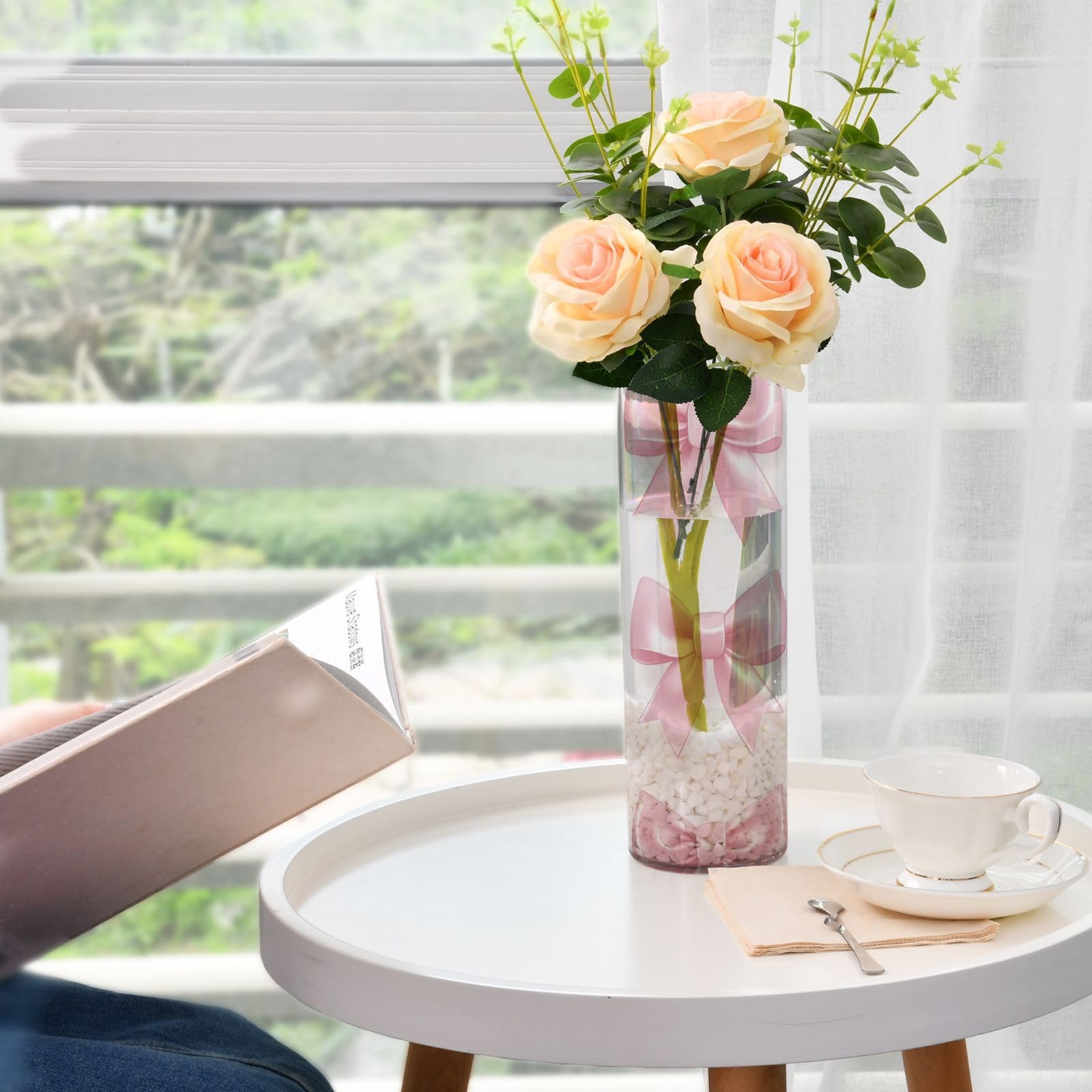 WELLDAY Ribbon Bows Flower Vases Clear Vase for Decor Centerpieces