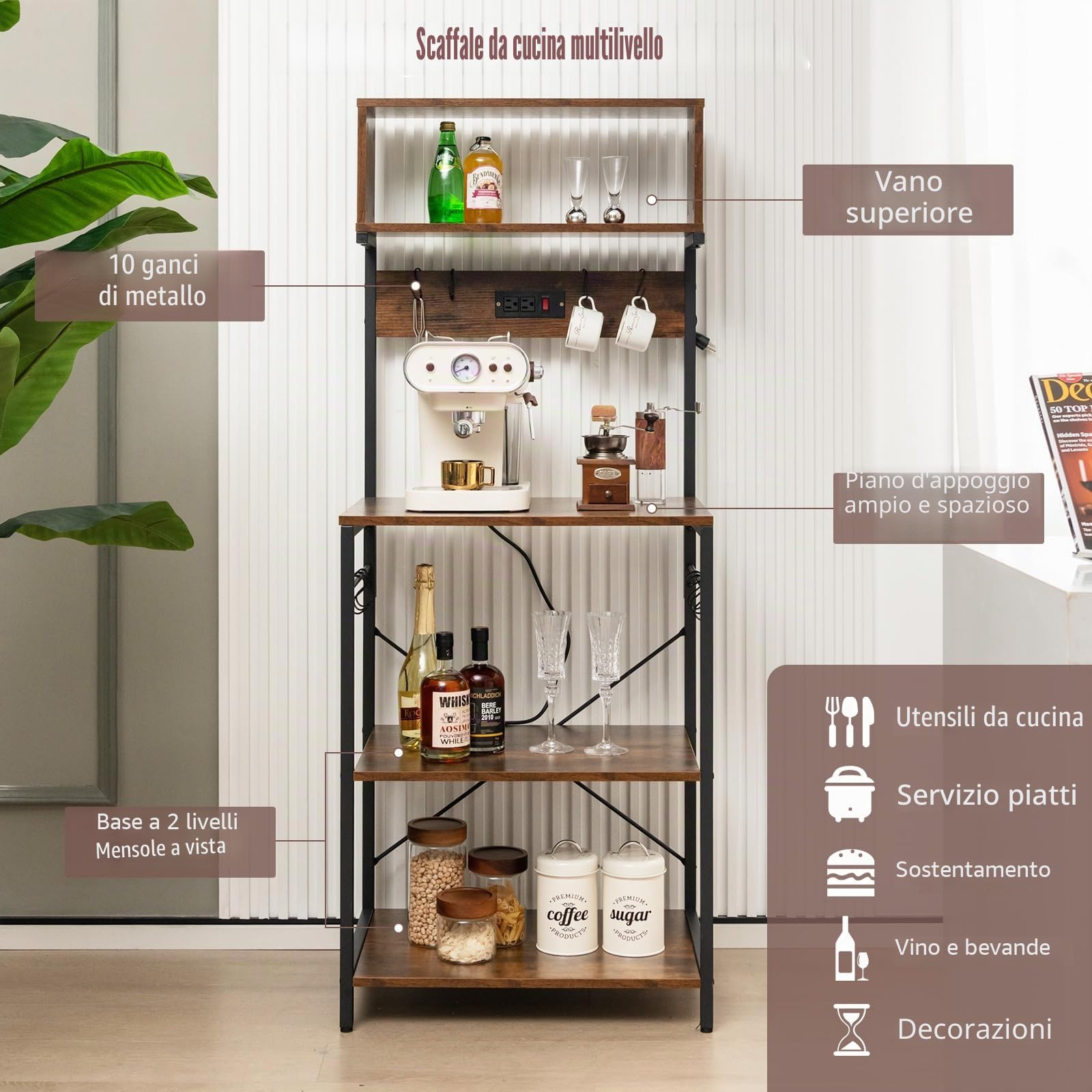 KOMFOTTEU Mensola da Cucina con Presa e 10 Ganci, Supporto per Forno a Microonde a 4 Livelli, 60 x 42 x 153 cm, Scaffale Multifunzionale in Acciaio, Scaffale Da Panetteria per Cucina e Sala da pranzo