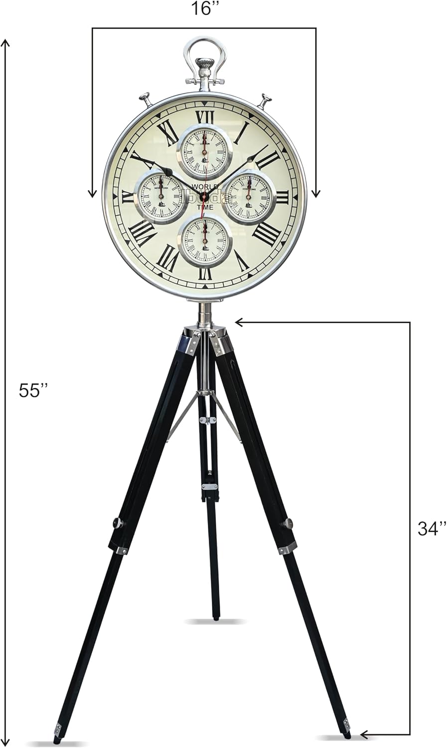 Vintage Tripod Floor Standing World Time Clock – Roman Numerals | Classic Metal Design | Home & Office Decor