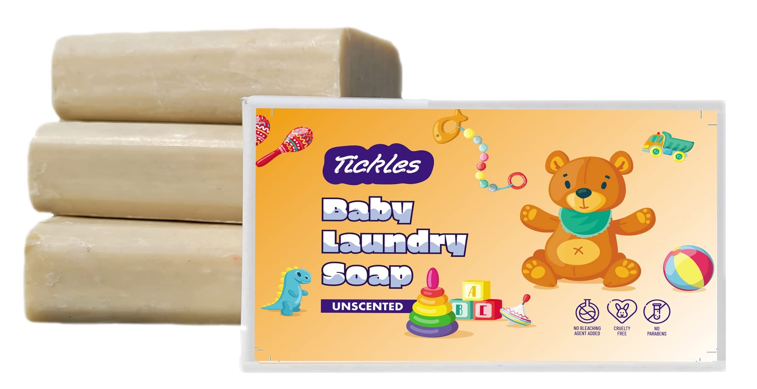 Tickles (Pack of 4) Handmade Organic Washing Soap For Baby Clothes, Accessories Mainly for Sensitive Skin 100% Chemical Free Natural Laundry Soap Citronella, Lavender, Unscented & Lemongrass (360 gms) 1