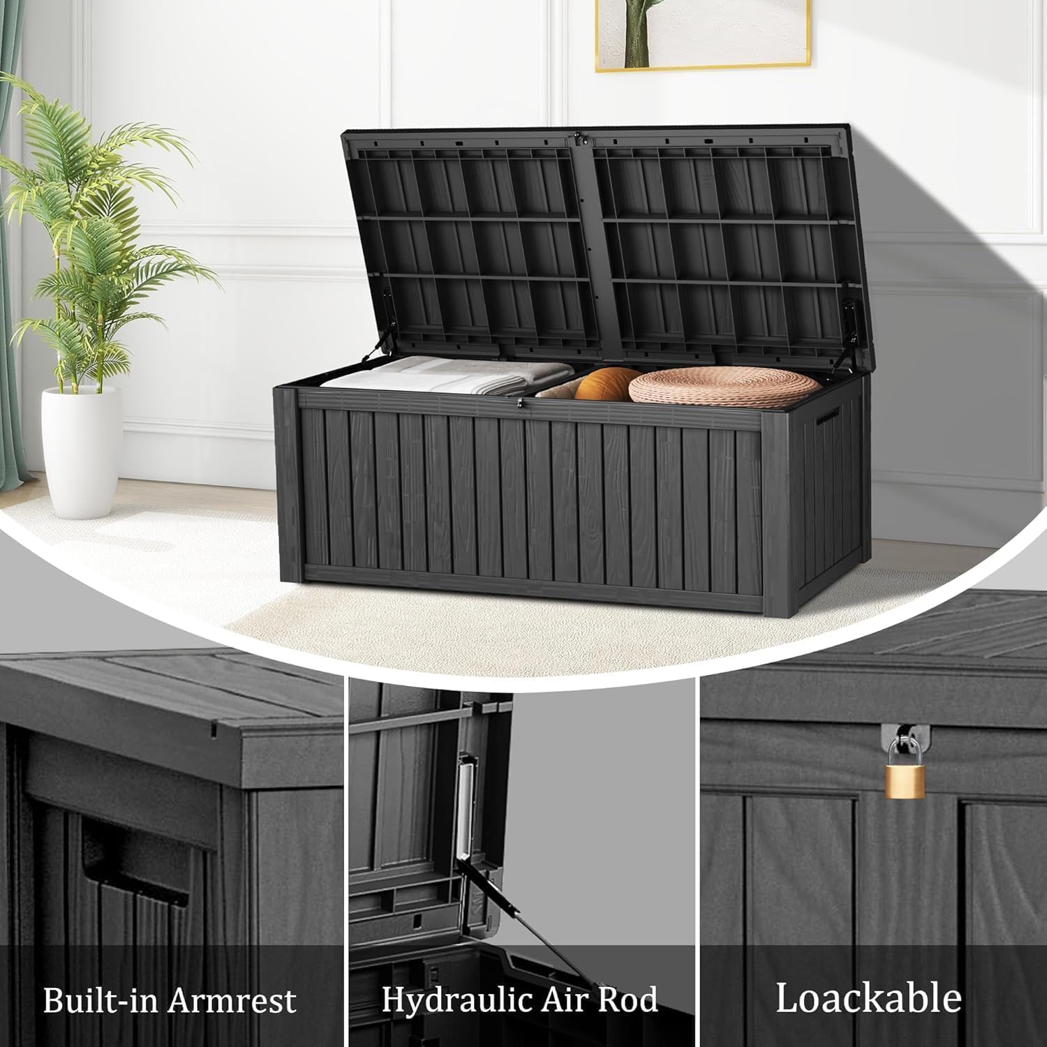 Outdoor Storage Box 205GAL Waterproof Resin Deck Box,Pool Accessories Supplies，UV-Resistant Lockable Package Delivery Bin for Garden Tools,Large Patio Outside Cushions,Chest,Furniture,Black