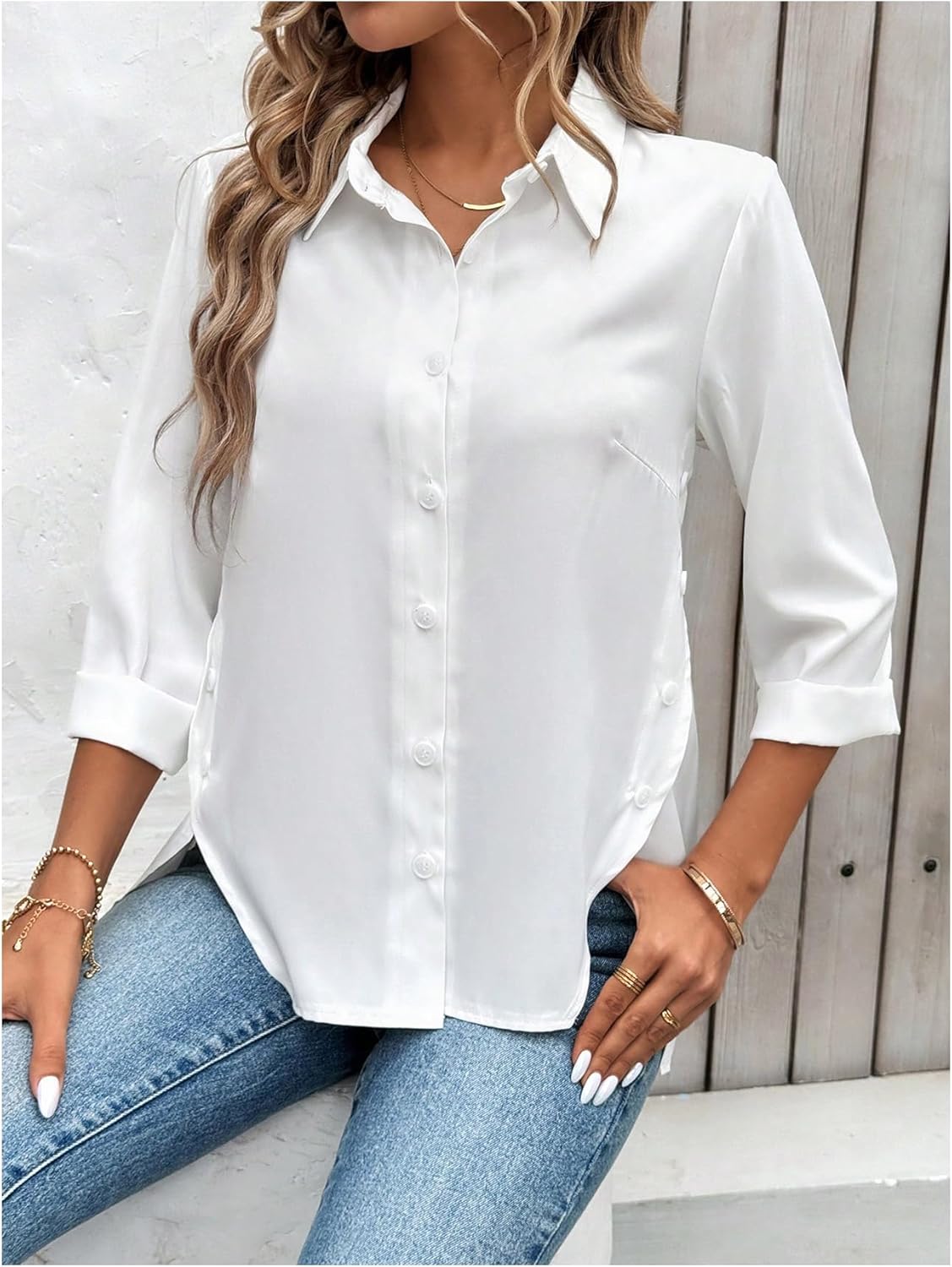 OYOANGLE Women's Button Up Shirt Long Sleeve Curve Hem Dressy Blouse Business Casual Outfit - Image 4