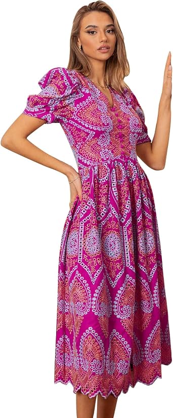 CHICWISH Women Eyelet Embroidery Midi Dress Short Bubble Sleeves V Neck Button Front Magenta Summer Cotton Dress with Slit