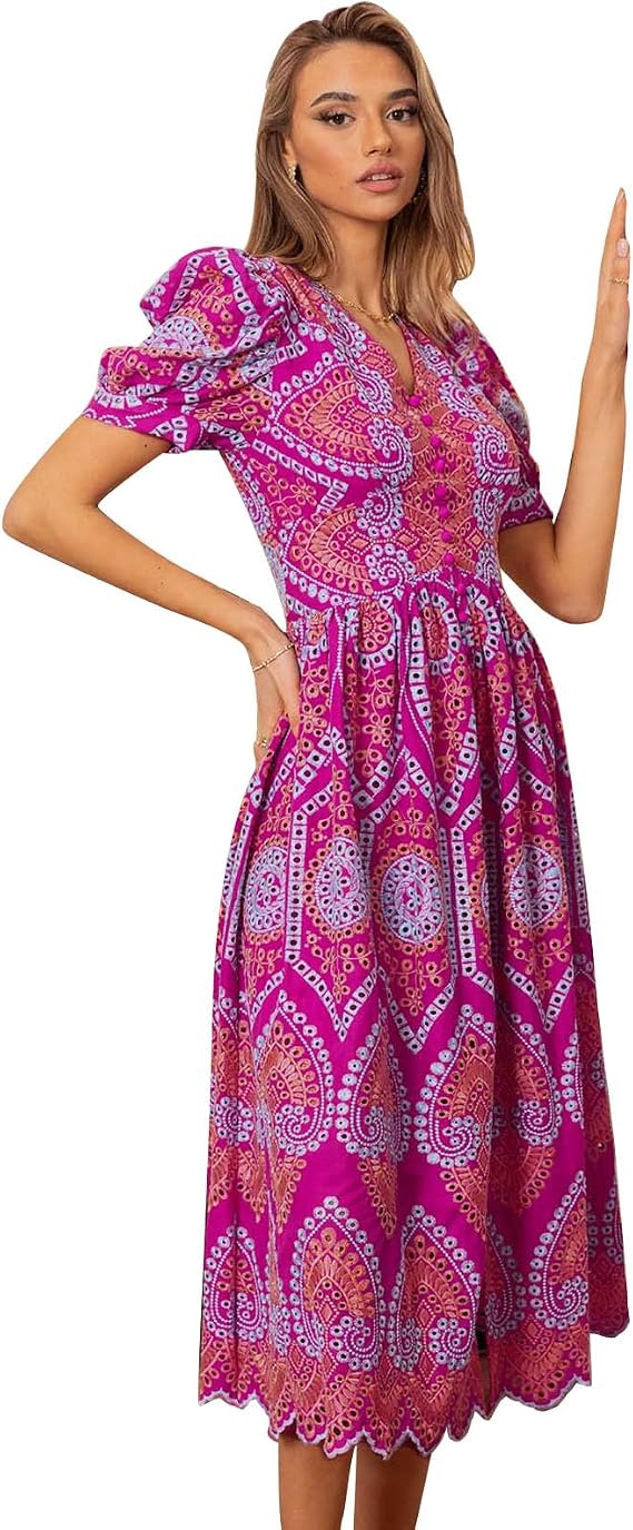 CHICWISH Women Eyelet Embroidery Midi Dress Short Bubble Sleeves V Neck Button Front Magenta Summer Cotton Dress with Slit