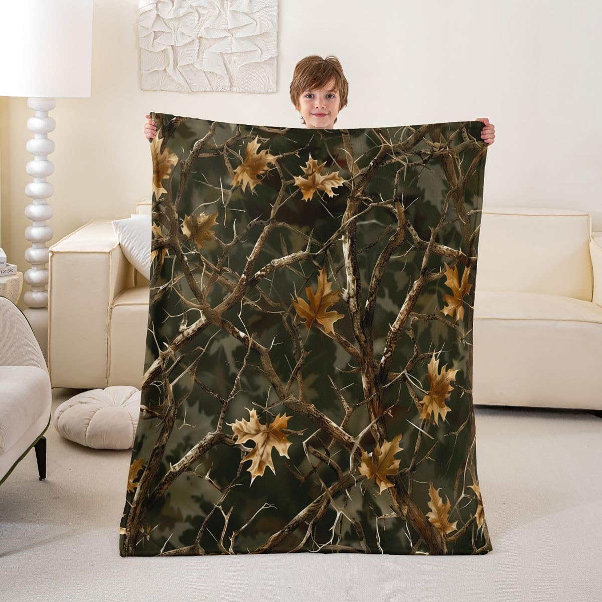 Erosebridal Tree Branches Fleece Blanket Brown Camouflage Botancial Flannel Blanket Queen Size 90X90 Inch,Woodland Leaves Boys Girls Fuzzy Plush Throw Nature Botanical Fuzzy Blankets