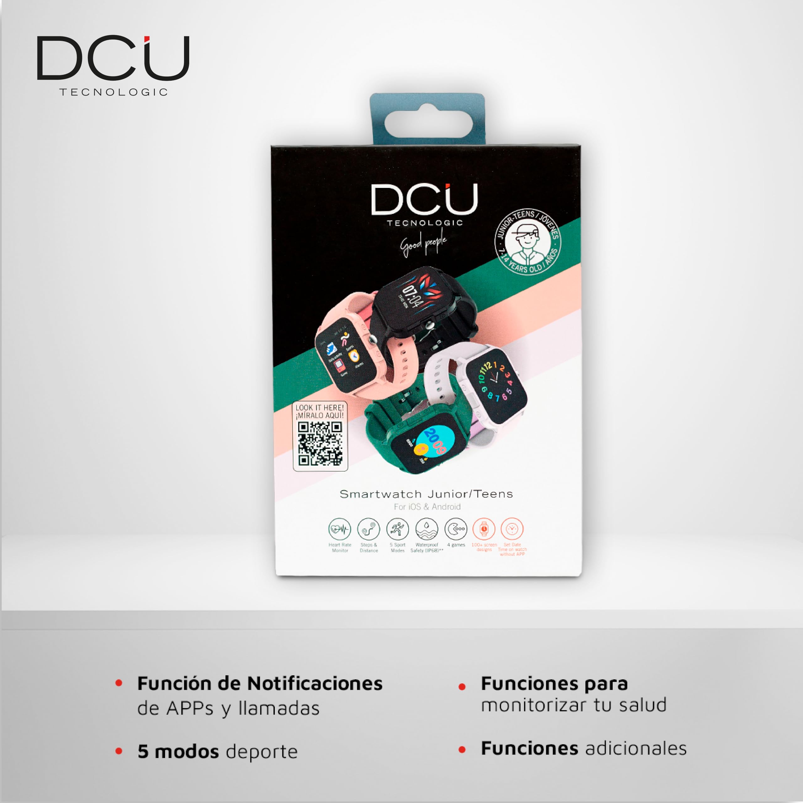 DCU TECNOLOGIC, Smartwatch Junior, Reloj Inteligente Niños, Apto para niños de 7 a 14 años, Pantalla táctil de 1,44", Más de 100 diseños de Pantalla Disponibles, Color Verde Militar
