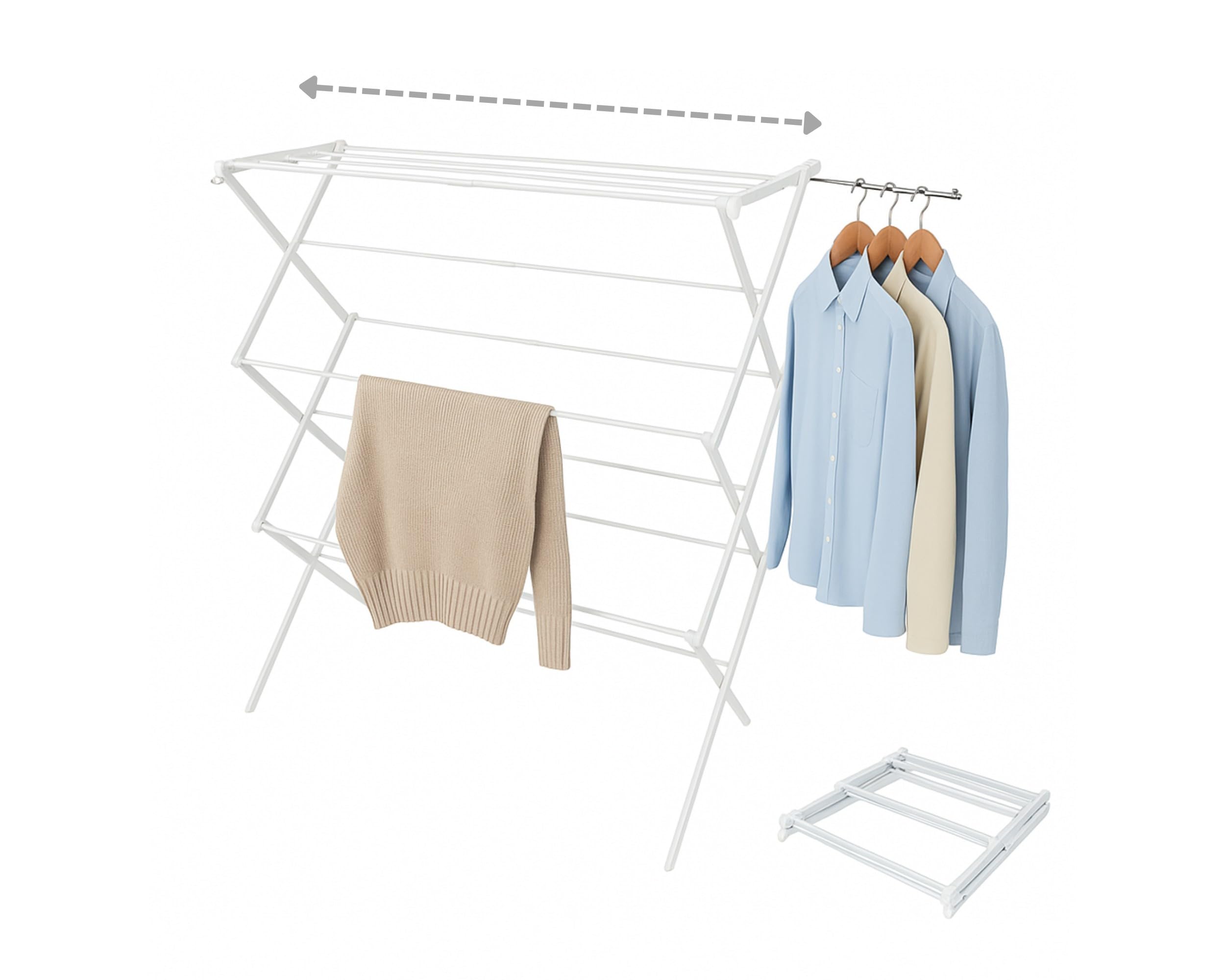 Tendedero Metálico Extensible y Plegable para Ropa | 58–102 x 41,5 x 105,5 cm | 2 Brazos para Perchas | Secar Camisas, Toallas y Prendas Largas | Compacto y Robusto | Blanco