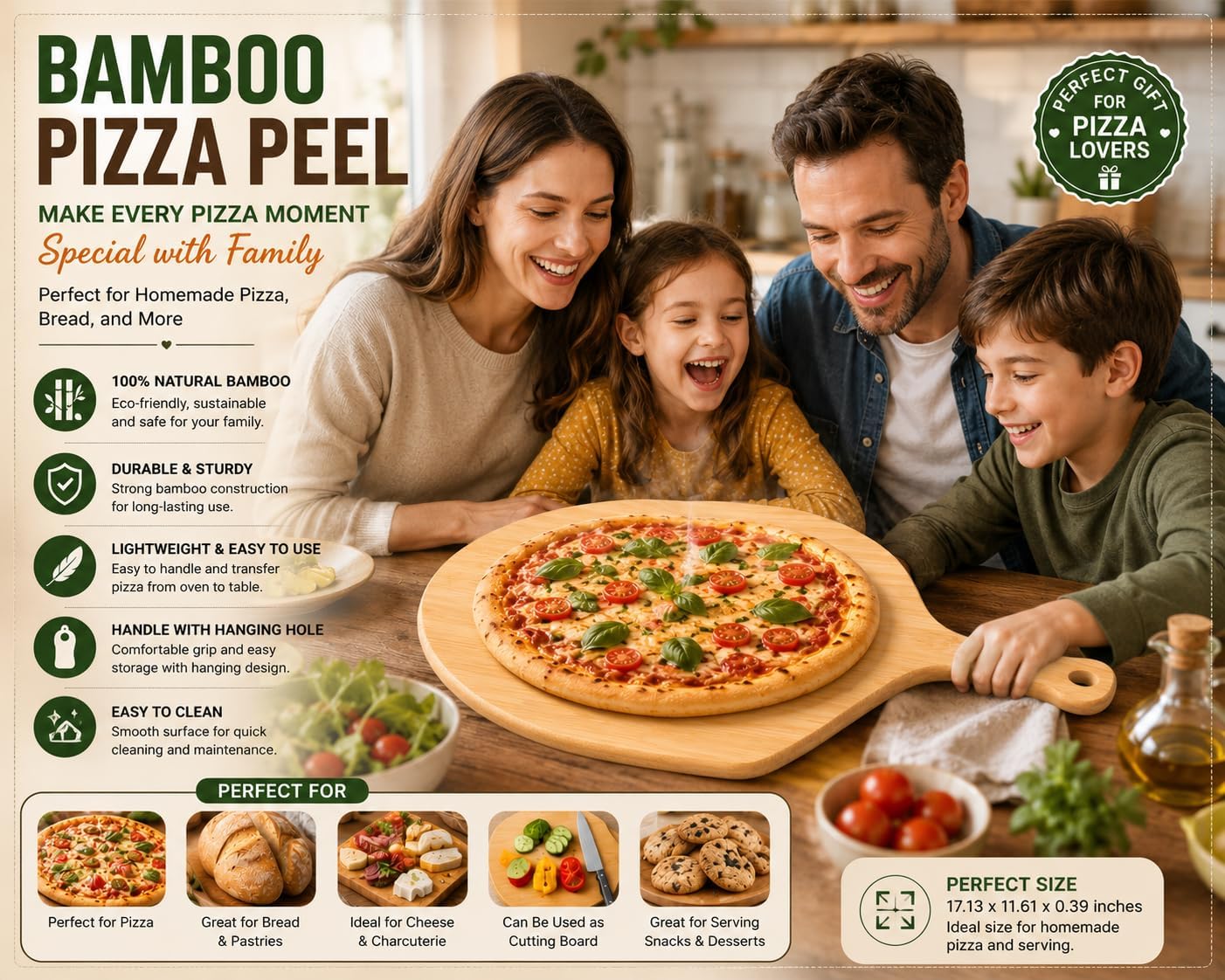 Wooden Pizza Peel, Bamboo Pizza Paddle Handle, 17.13 x 11.61 Inch Wood Pizza Peel for Baking, Serving & Cutting Pizza, Bread & Pastries, Wooden Pizza Board, Durable Design for Kitchen and Oven Use