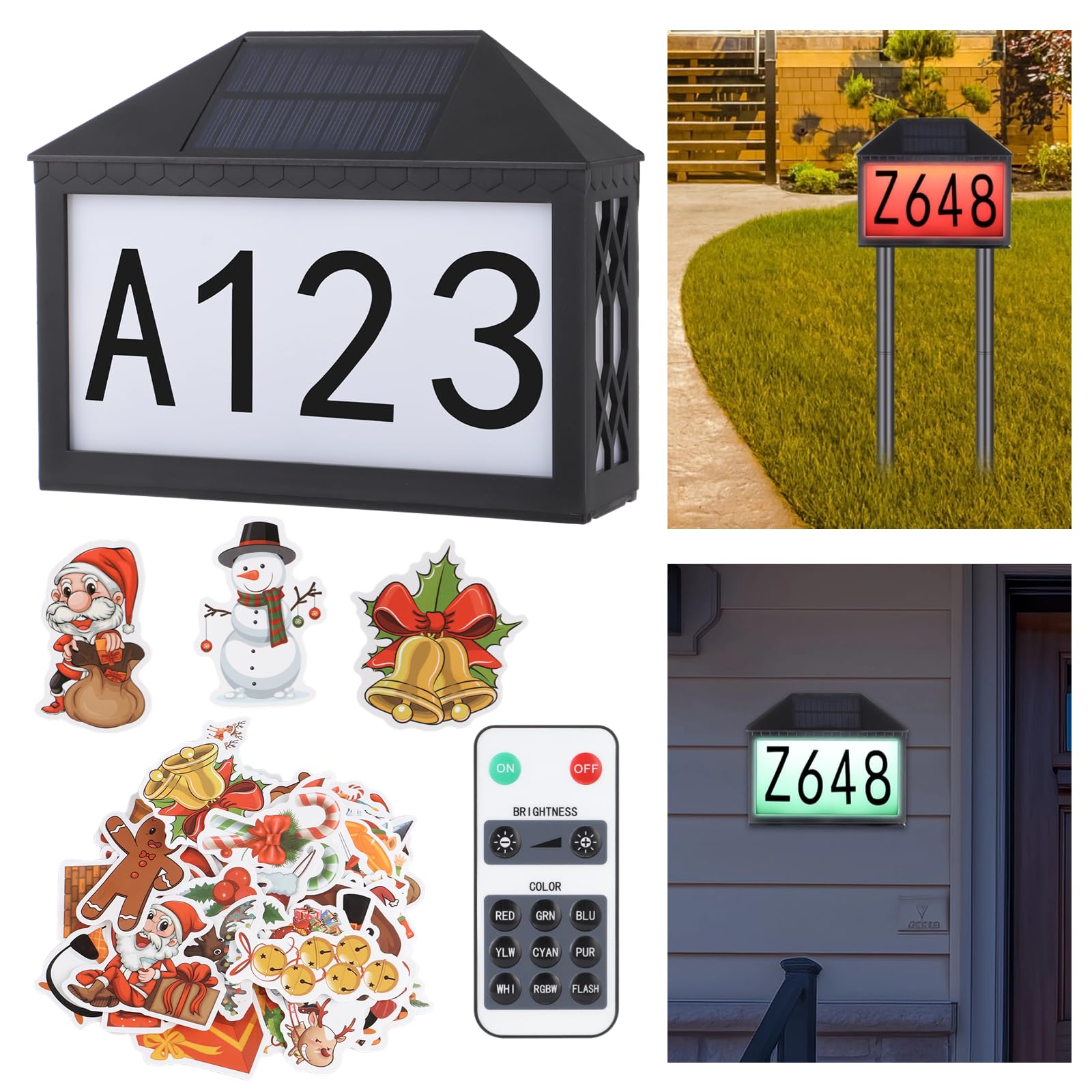 yeesport Christmas Solar Address Sign with 60 Christmas Stickers, Solar Powered Colorful LED House Numbers Plaque with Stakes & Hanging Screws, Remote Control Outdoor Solar Light for Garden Driveway