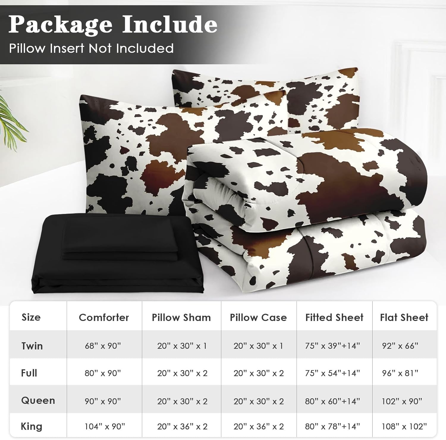 7 Pcs Queen Size Comforter Set with 2 Pillowcases & 2 Shams, Vintage Cowhide Print Bedding for Kids and Adults, Brown Western Cow Farmhouse Bed in a Bag with Flat Fitted Sheet - Image 6