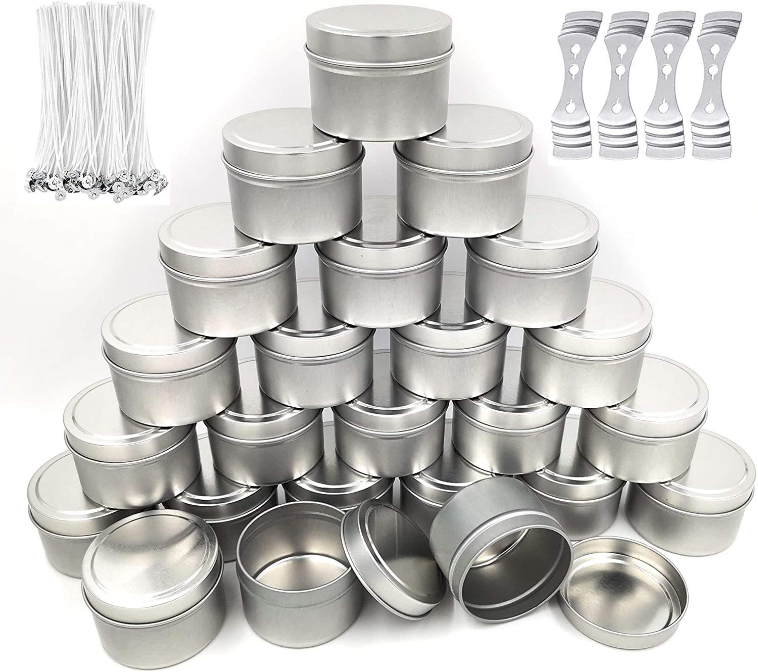 słoiki do produkcji świec, zestawy do produkcji świec, zestaw do produkcji świec zawierają 24 sztuki, metalowe puszki na świece z pokrywkami, 50 bawełnianych, 40 naklejek z knotami, 4 uchwyty