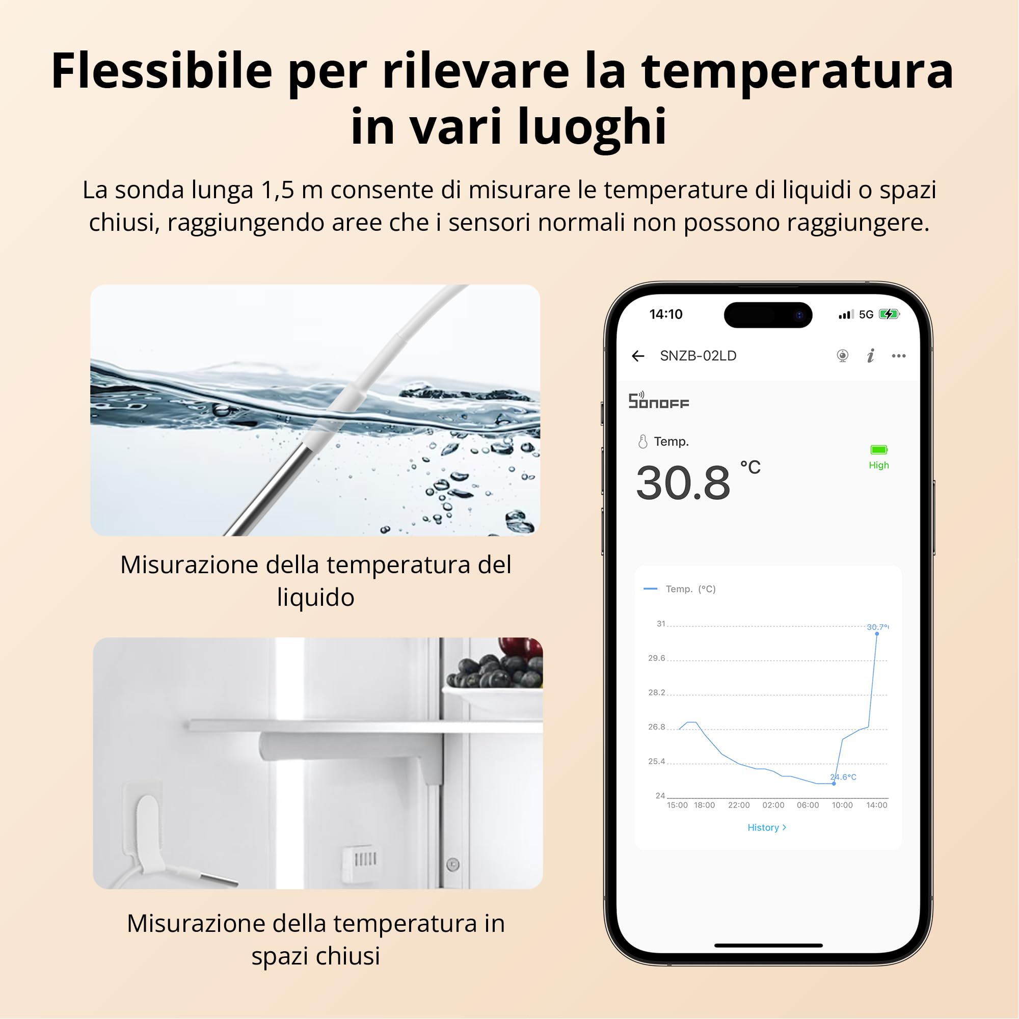 SONOFF SNZB-02LD Sensore di Temperatura Impermeabile Zigbee - Sonda in Acciaio Inossidabile 1,5 m, Display LCD, Intervallo -40~115°C, Monitoraggio APP, Supporto Magnetico, Compatibile con Hub Zigbee