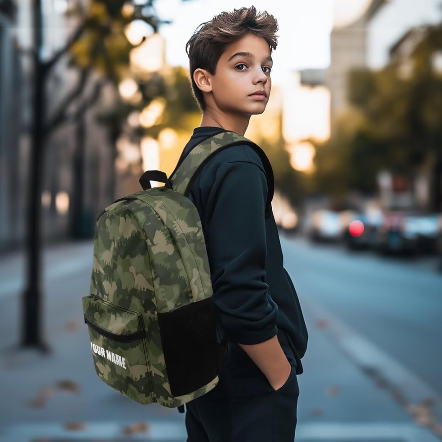 Cute Dinosaur Camo Custom Kids Backpack with Lunch Box Set, Personalized Name School Bags Bookbag Lunch Bag for Boys Girls