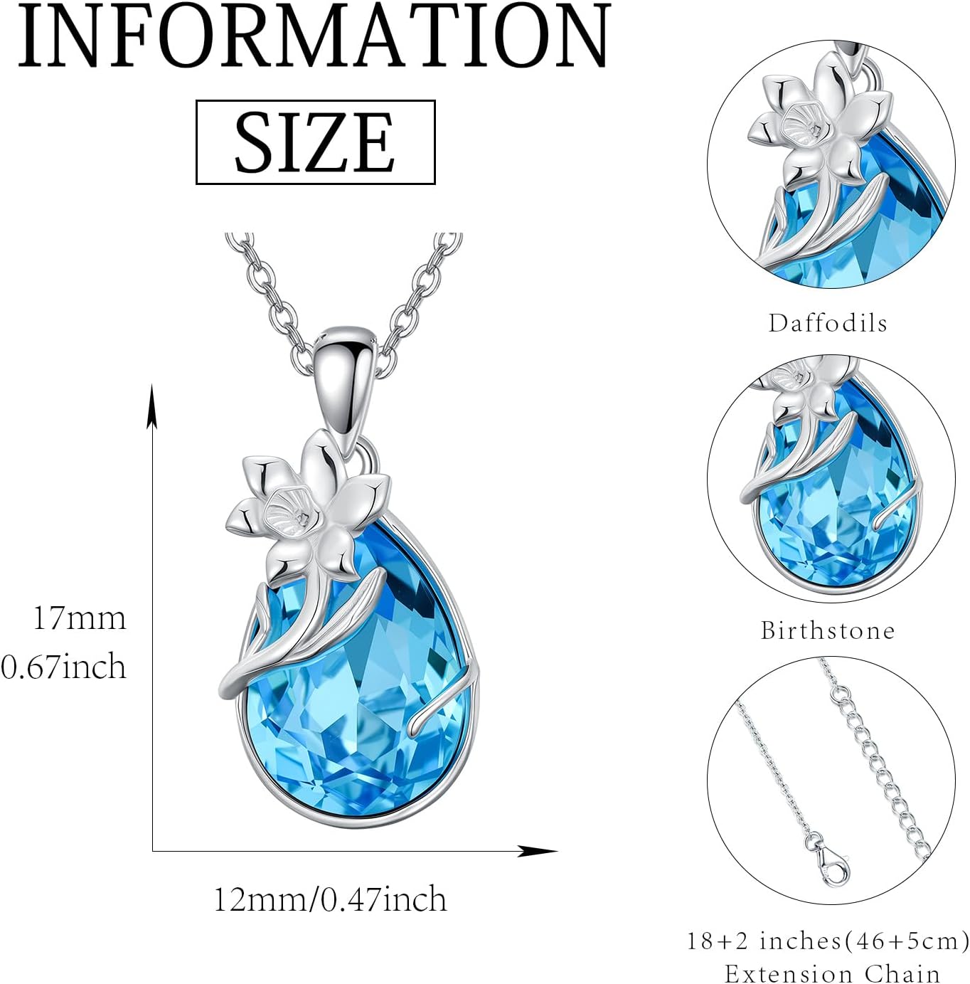 925 Sterling Silver Birth Flower Necklace with Teardrop Shaped Birthstone - 12 Colors, 12 Kinds of Flower - Ideal Birthday Jewelry Gift for Women, Mothers, Daughters & Wives