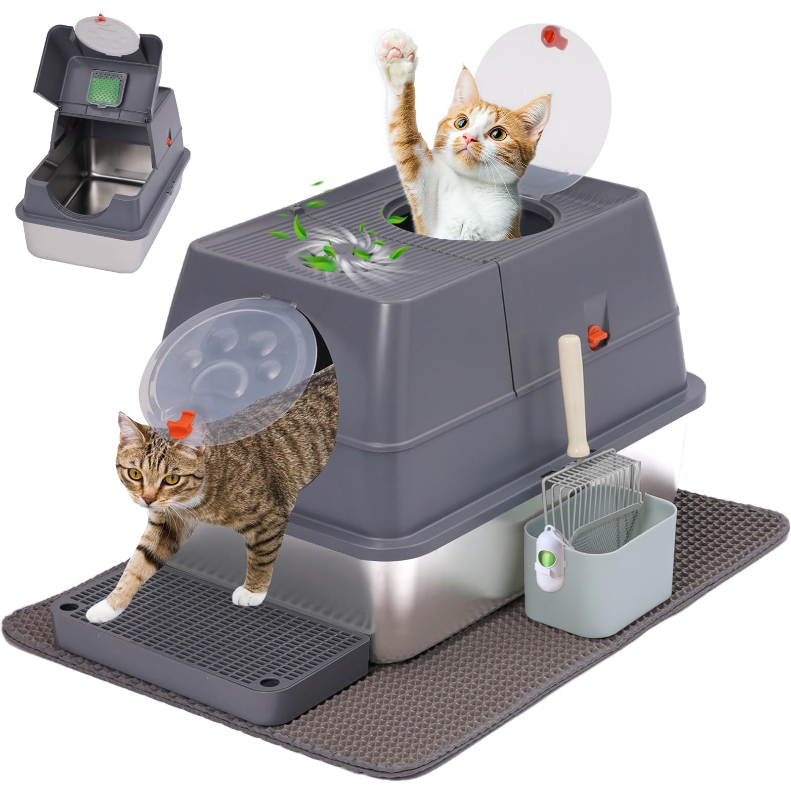 Arenero Gato Acero Inoxidable XXL, Arenero Gato Grande - Arenero de Metal para Gatos Grandes con Bordes Altos, Superficie Antiadherente, 60 x 40 x 40 cm Gris