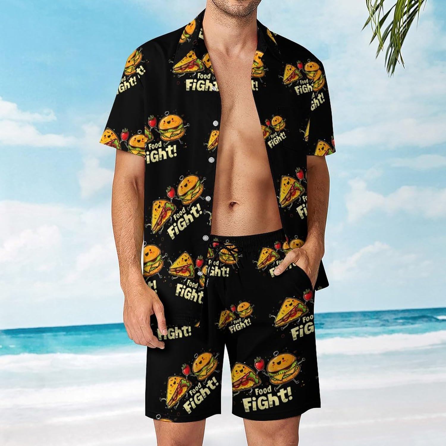 Food Fight Men's Summer Beach Outfits Shirt And Shorts Set 2 Piece Vacation Swimwear